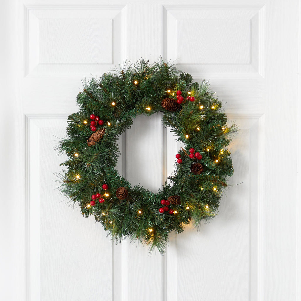 20” Frosted Pine Artificial Christmas Wreath with Pinecones, Berries and 35 Warm White LED Lights