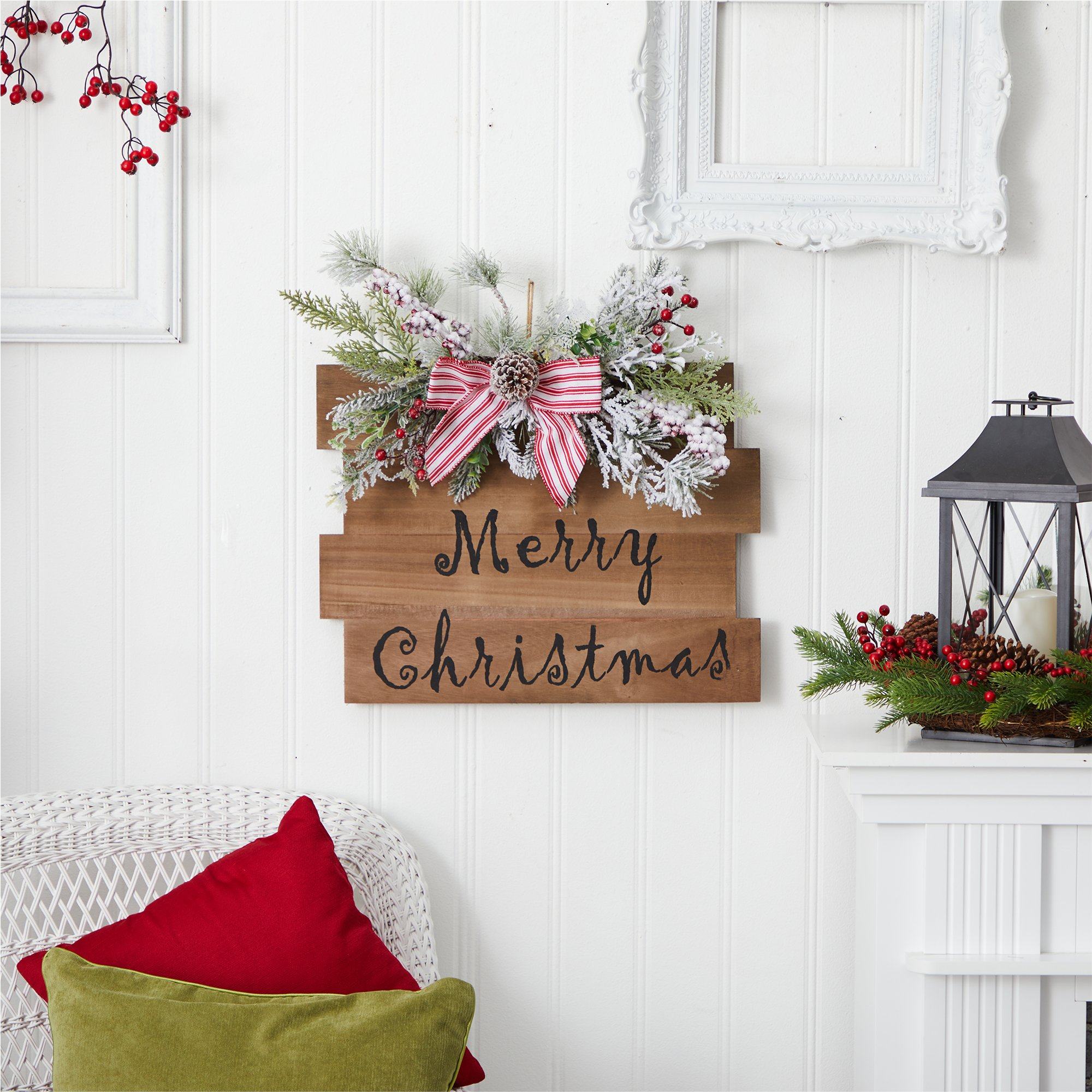 20" Holiday Merry Christmas Door Wall Hanger with Pine and Berries Stripped Bow Wall Art Décor"