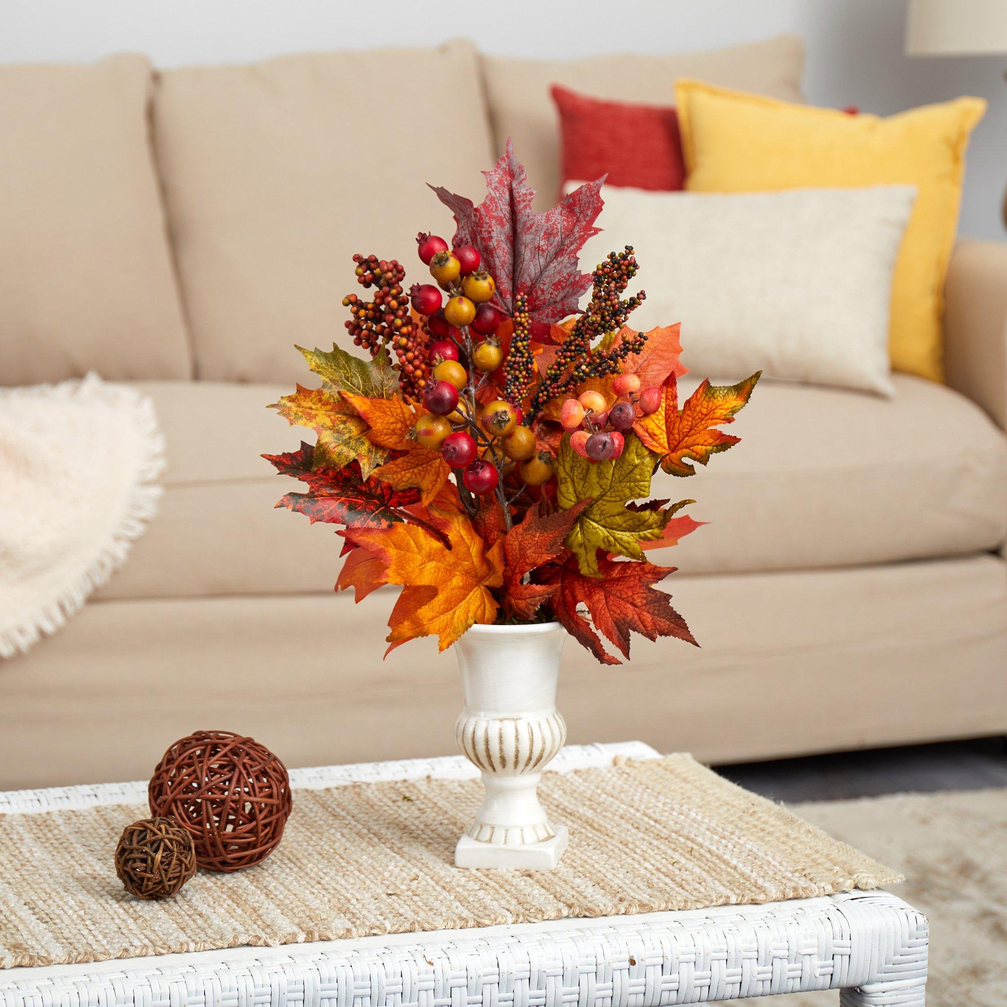 20” Maple Leaf and Berries Artificial Arrangement in White Urn