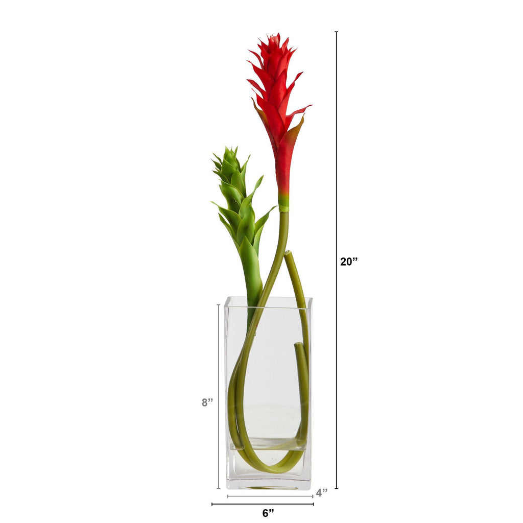 20” Mini Star Bromeliad Artificial Arrangement in Glass Vase