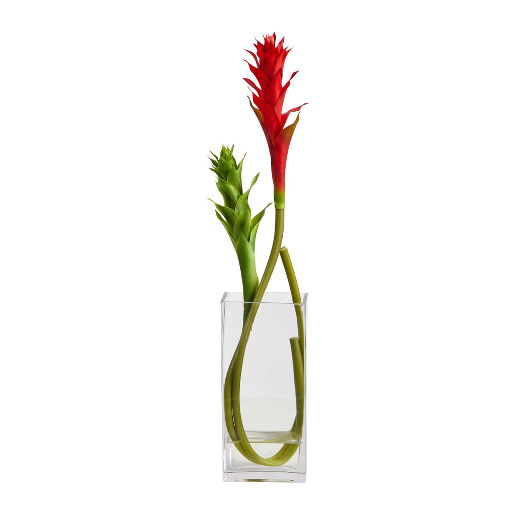20” Mini Star Bromeliad Artificial Arrangement in Glass Vase
