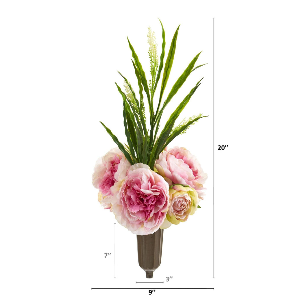 20” Peony and Grass Graveside Memorial Arrangement in Vase