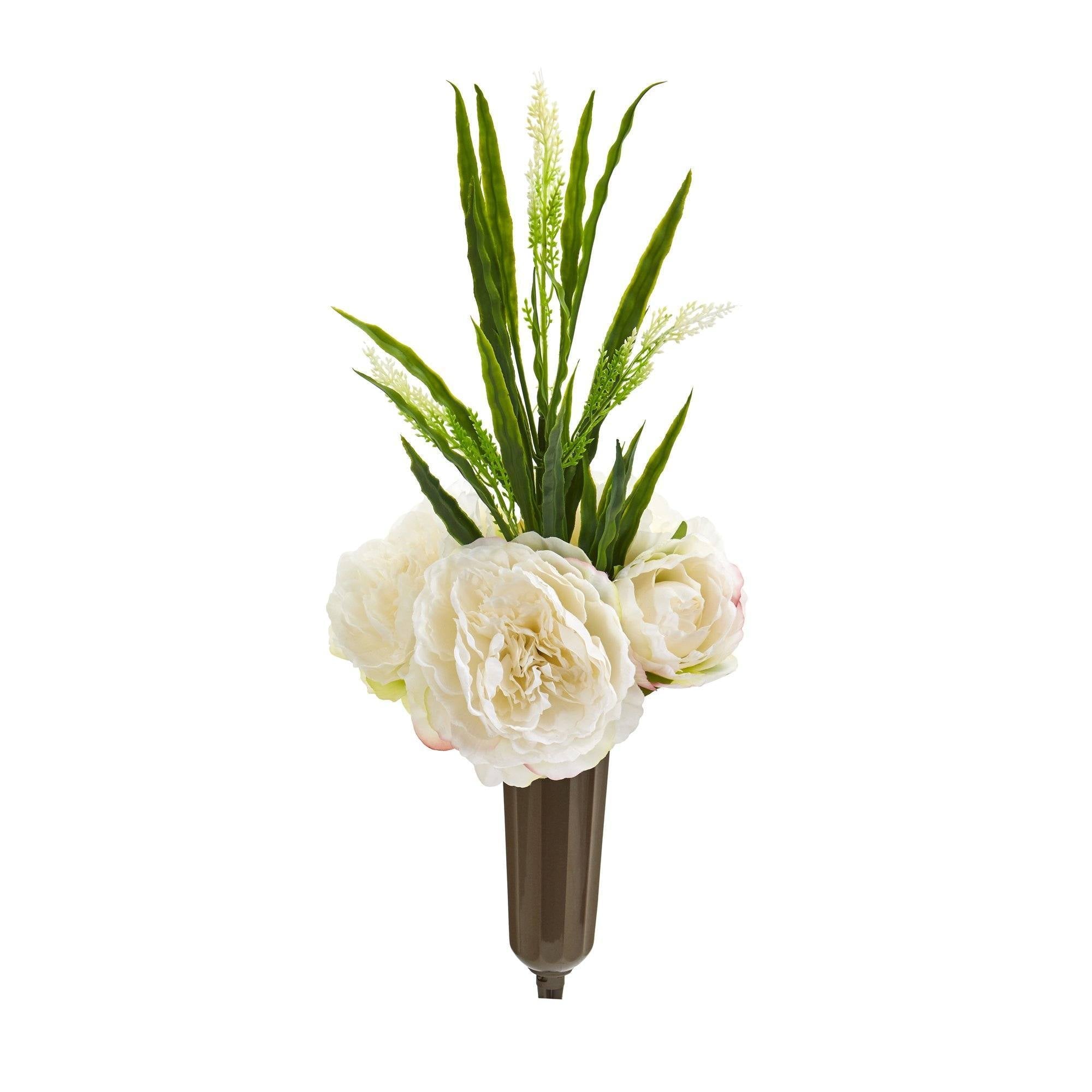 20” Peony and Grass Graveside Memorial Arrangement in Vase