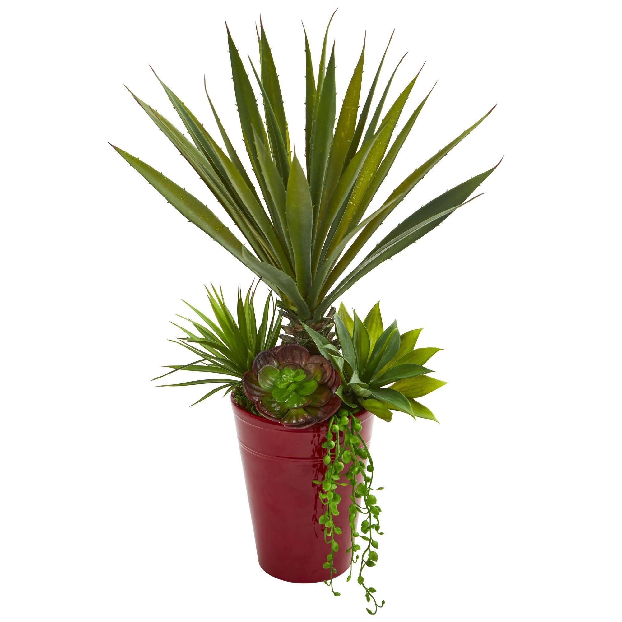 20" Spiky Agave & Succulent Artificial Plant in Red Planter"