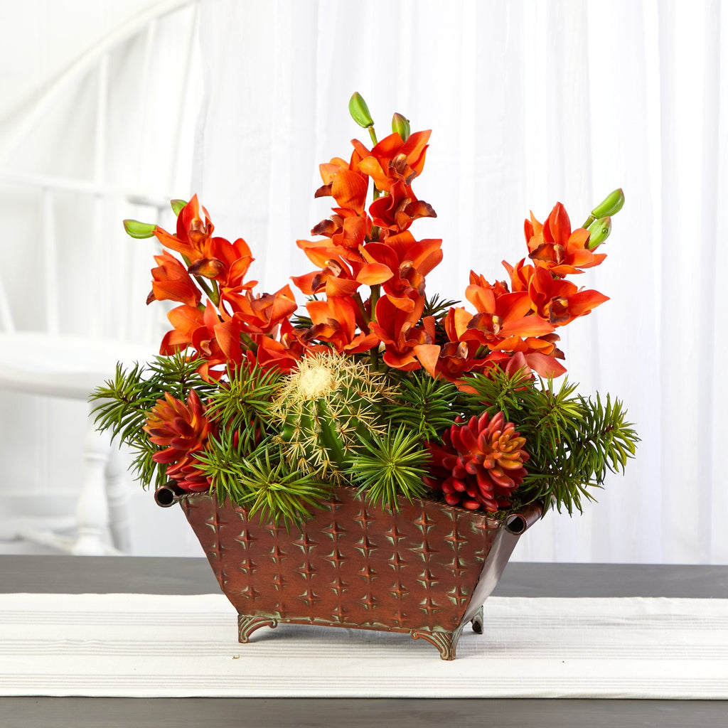 21” Cymbidium Orchid, Cactus and Succulent Artificial Arrangement in Metal Vase