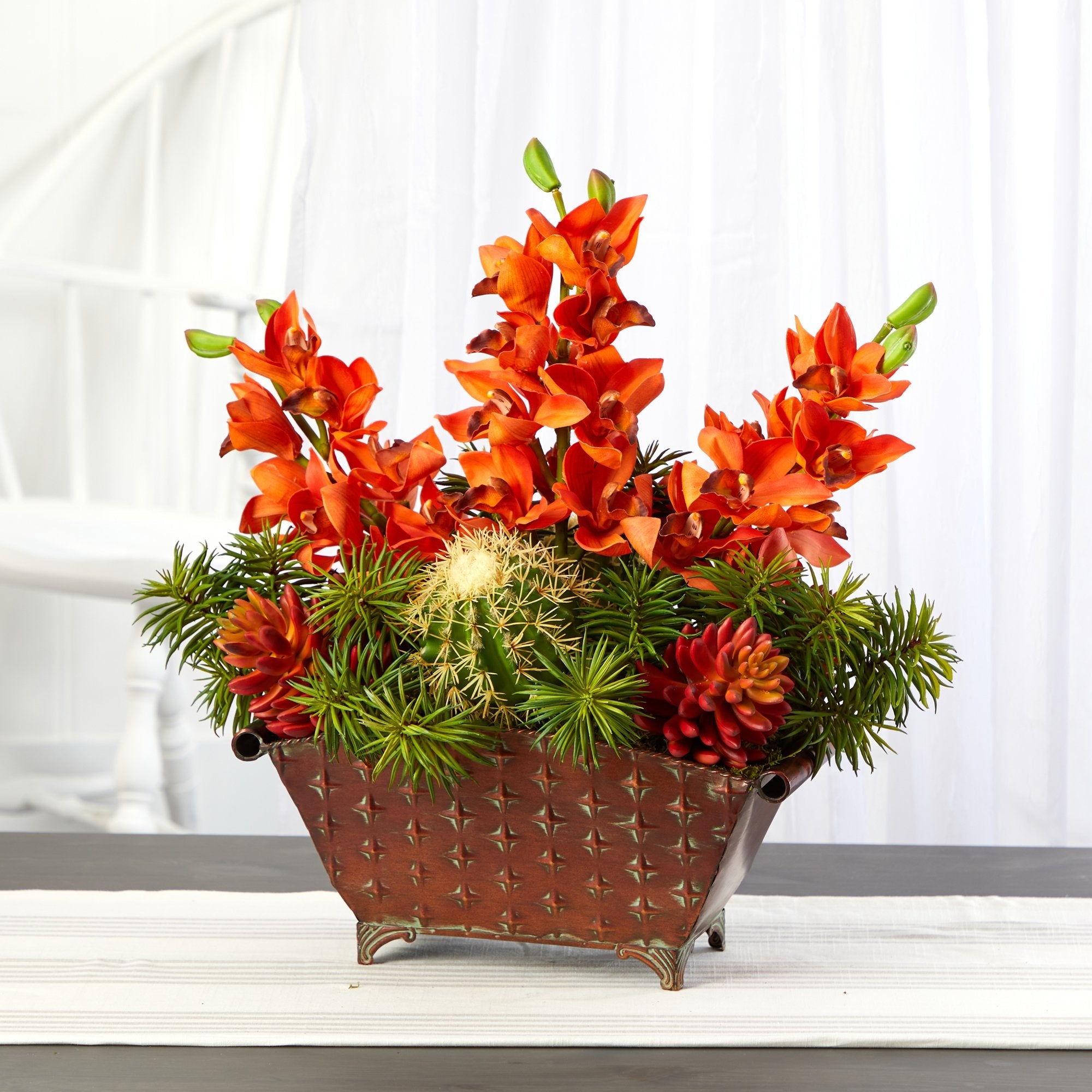 21” Cymbidium Orchid, Cactus and Succulent Artificial Arrangement in Metal Vase