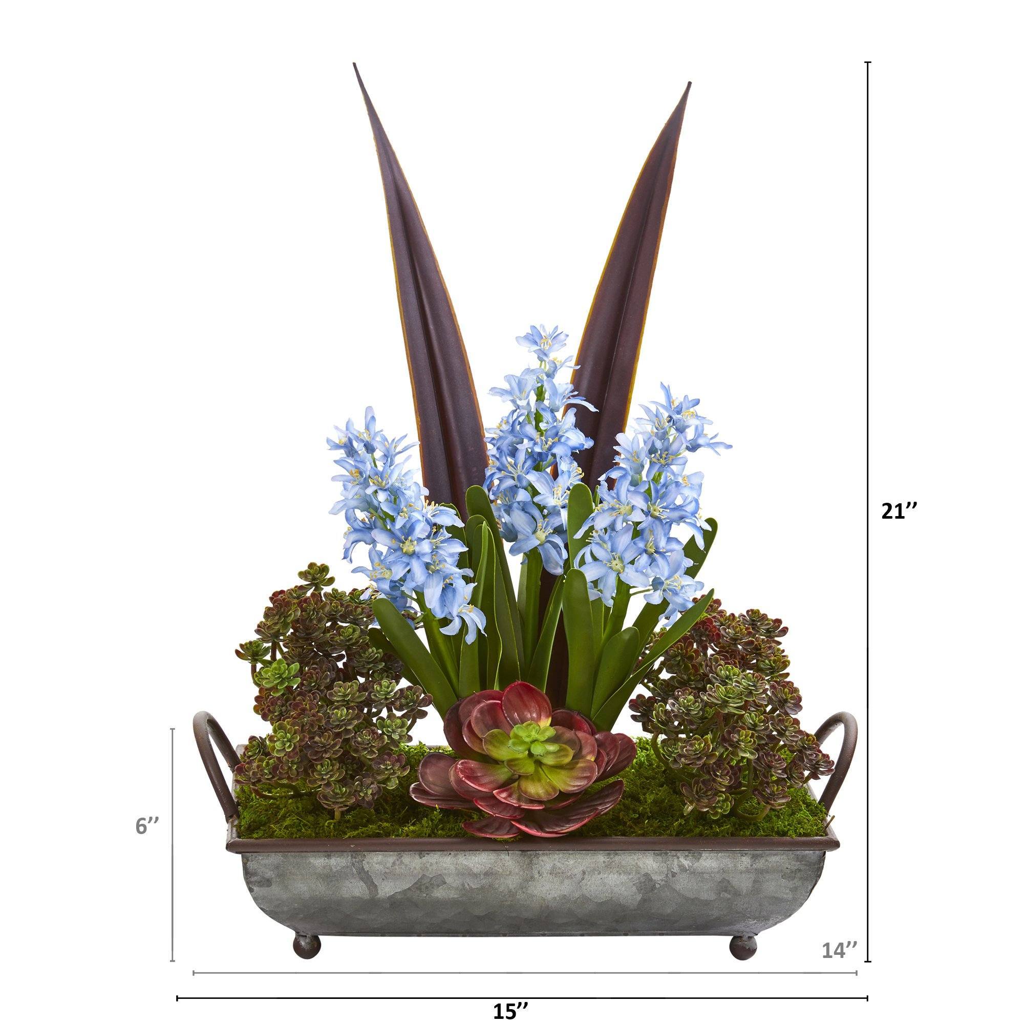 21” Hyacinth and Succulent Artificial Plant in Metal Tray