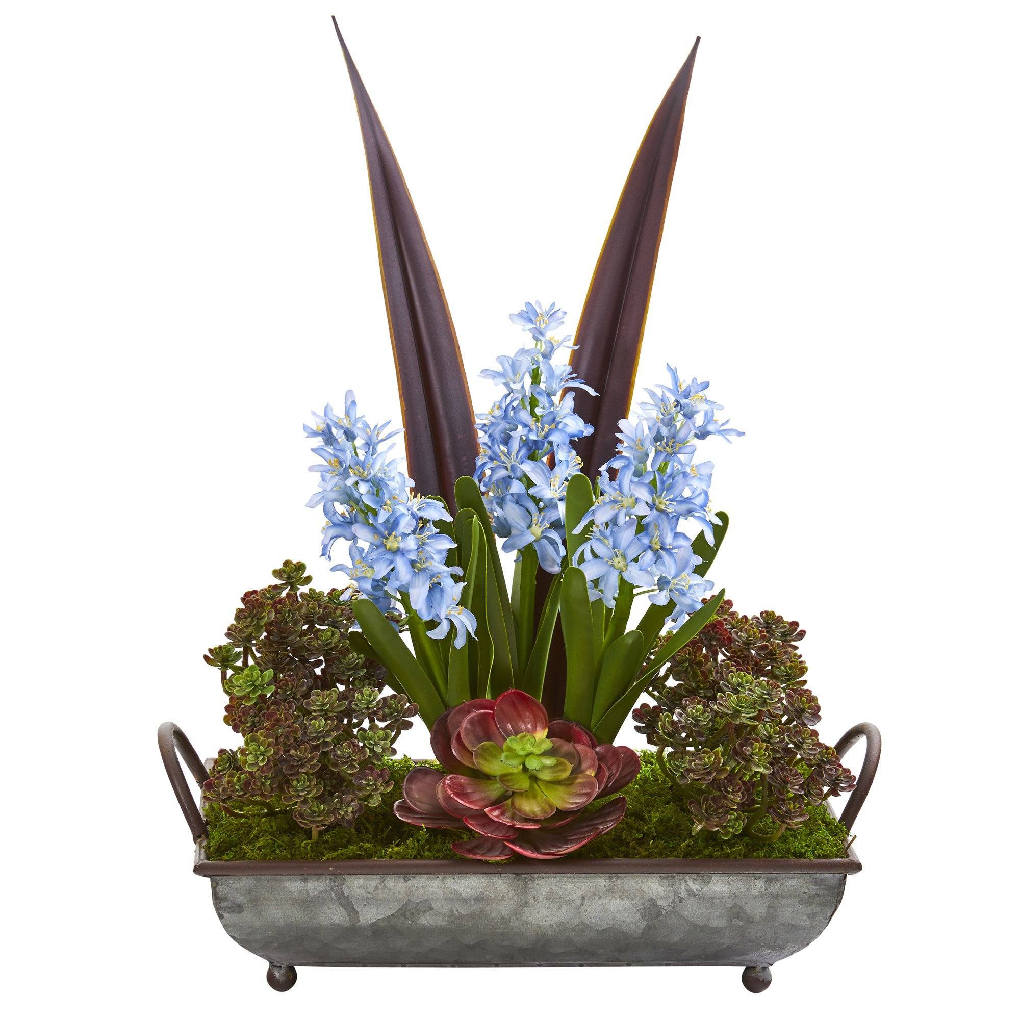 21” Hyacinth and Succulent Artificial Plant in Metal Tray
