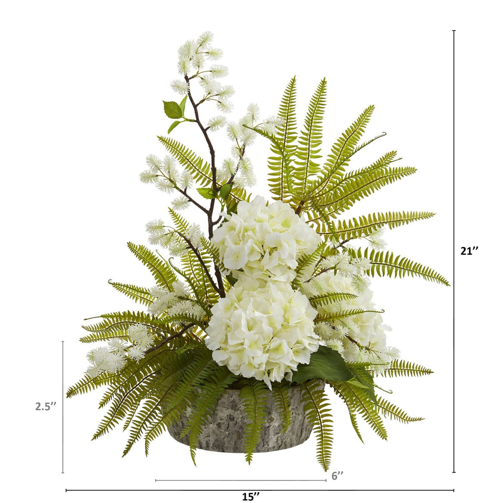 21” Hydrangea and Fern Artificial Arrangement in Weathered Oak Vase