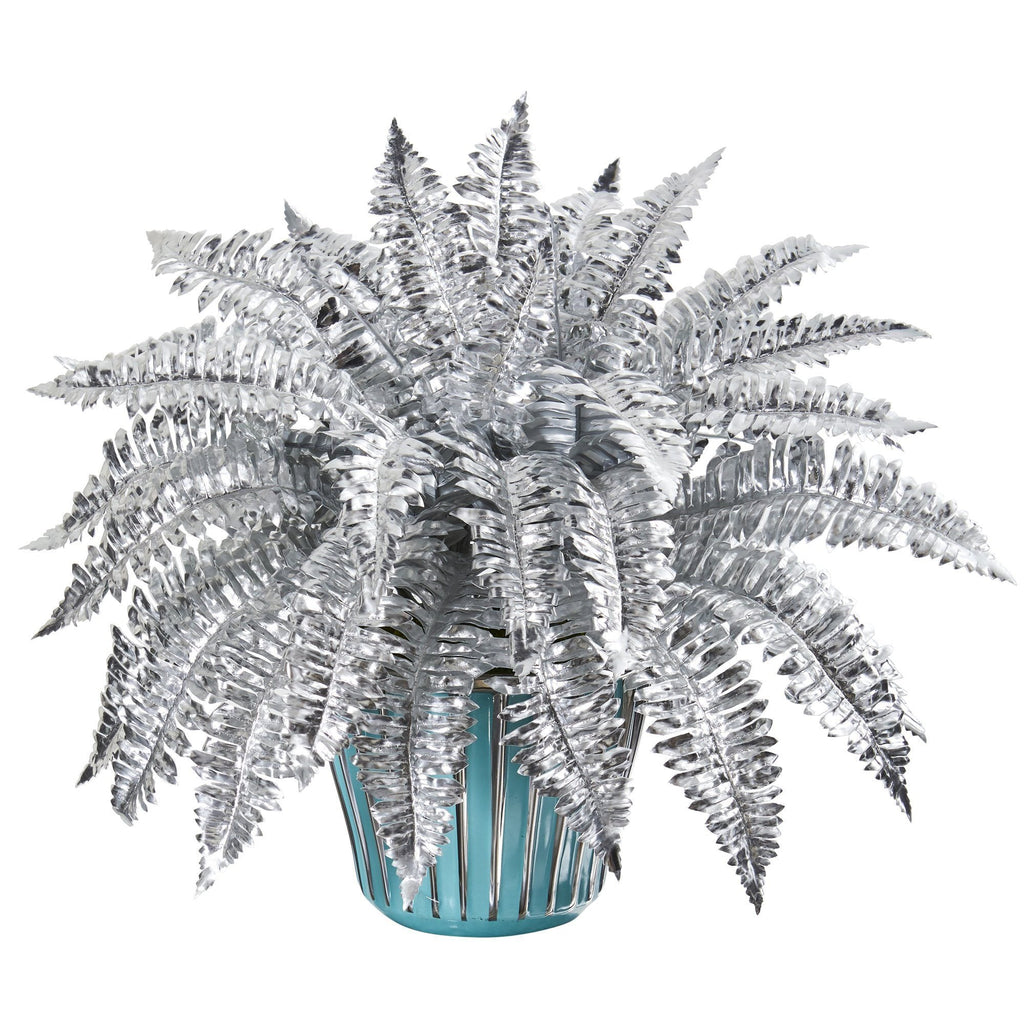 21” Metallic Silver Boston Fern Artificial Plant in Turquoise Planter with Silver Trimming