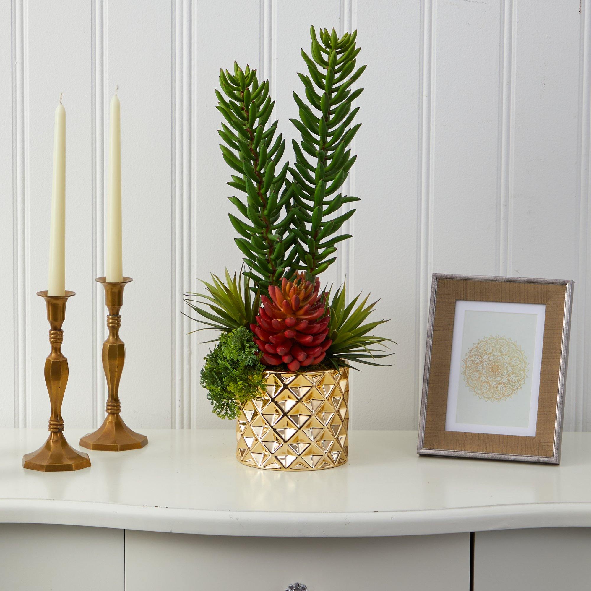 21” Mixed Succulent Artificial Plant in Gold Planter