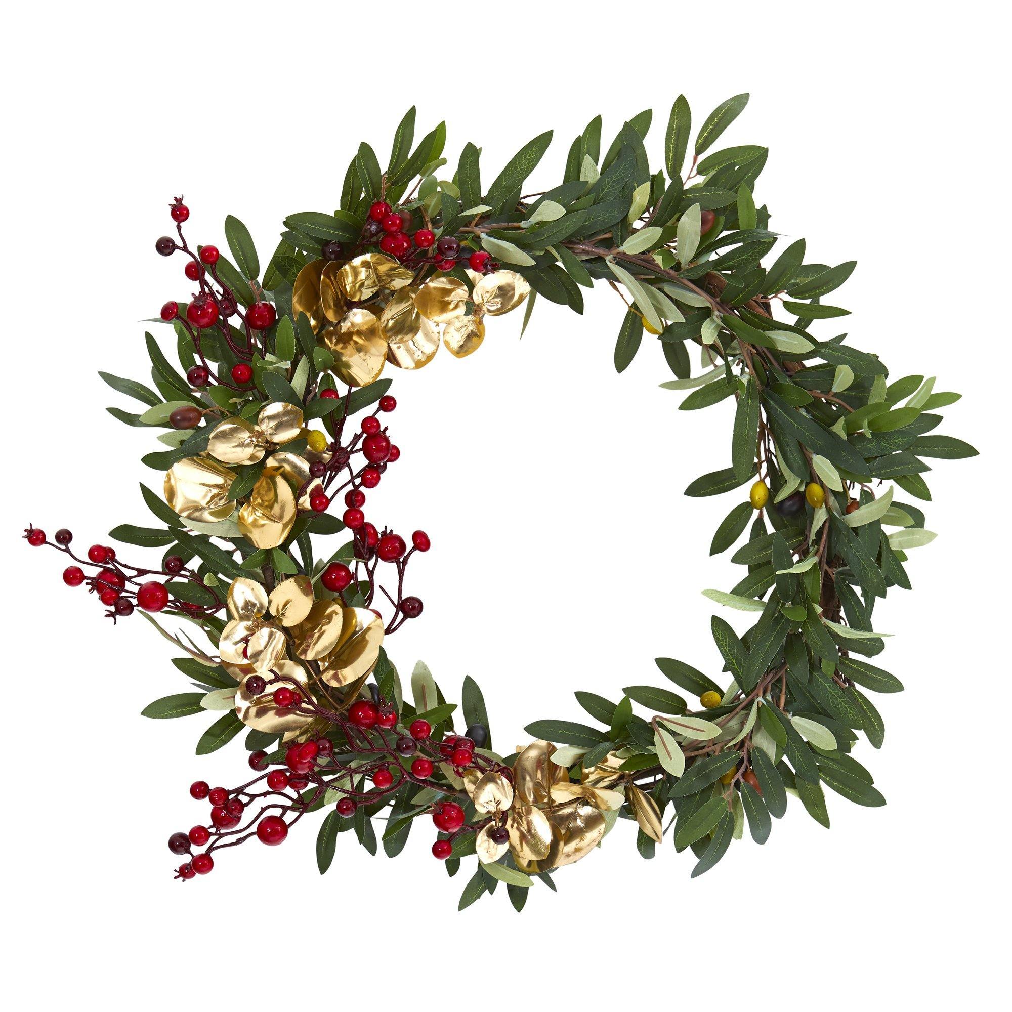 21” Olive, Berries and Gold Eucalyptus Artificial Wreath