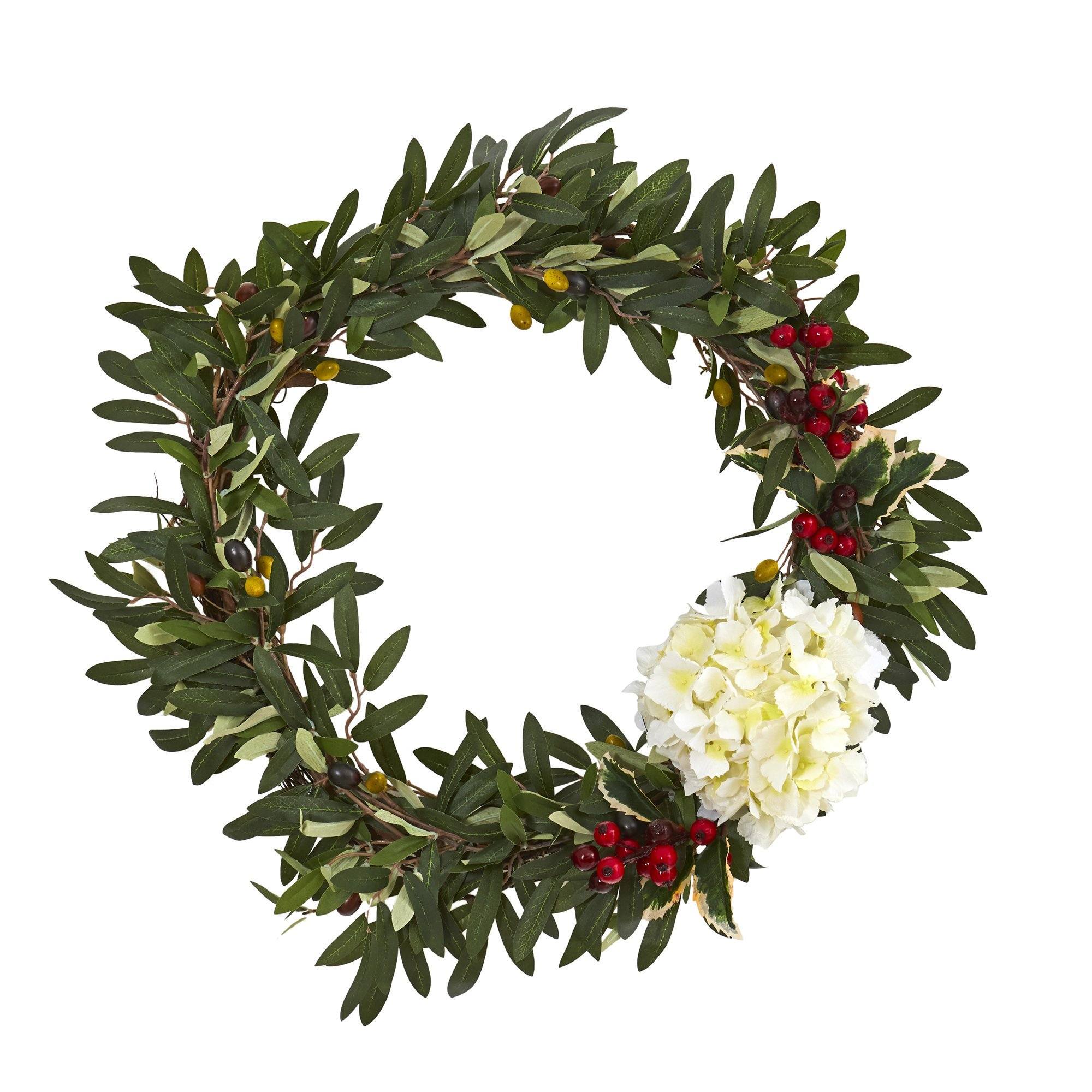 21” Olive, Hydrangea and Holly Berry Artificial Wreath
