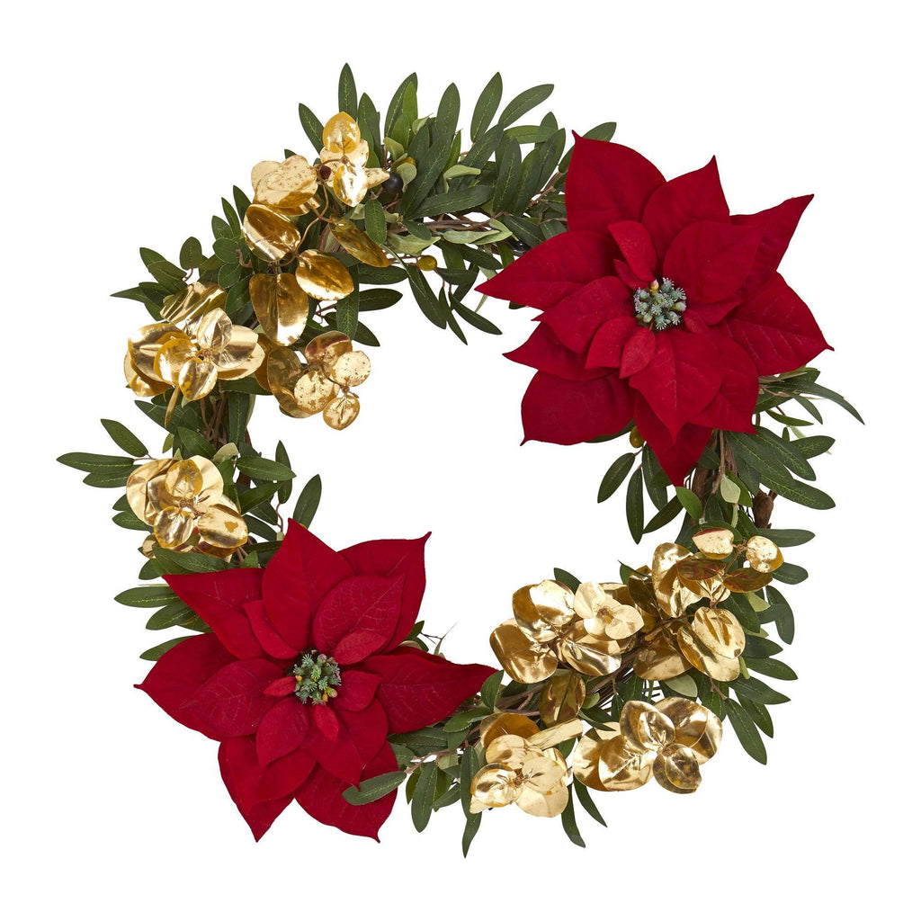 21” Olive, Poinsettia and Gold Eucalyptus Artificial Wreath