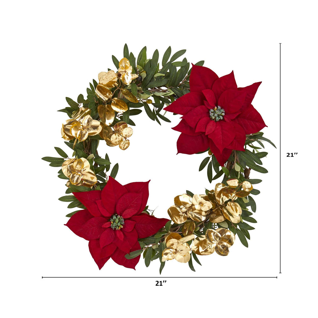 21” Olive, Poinsettia and Gold Eucalyptus Artificial Wreath