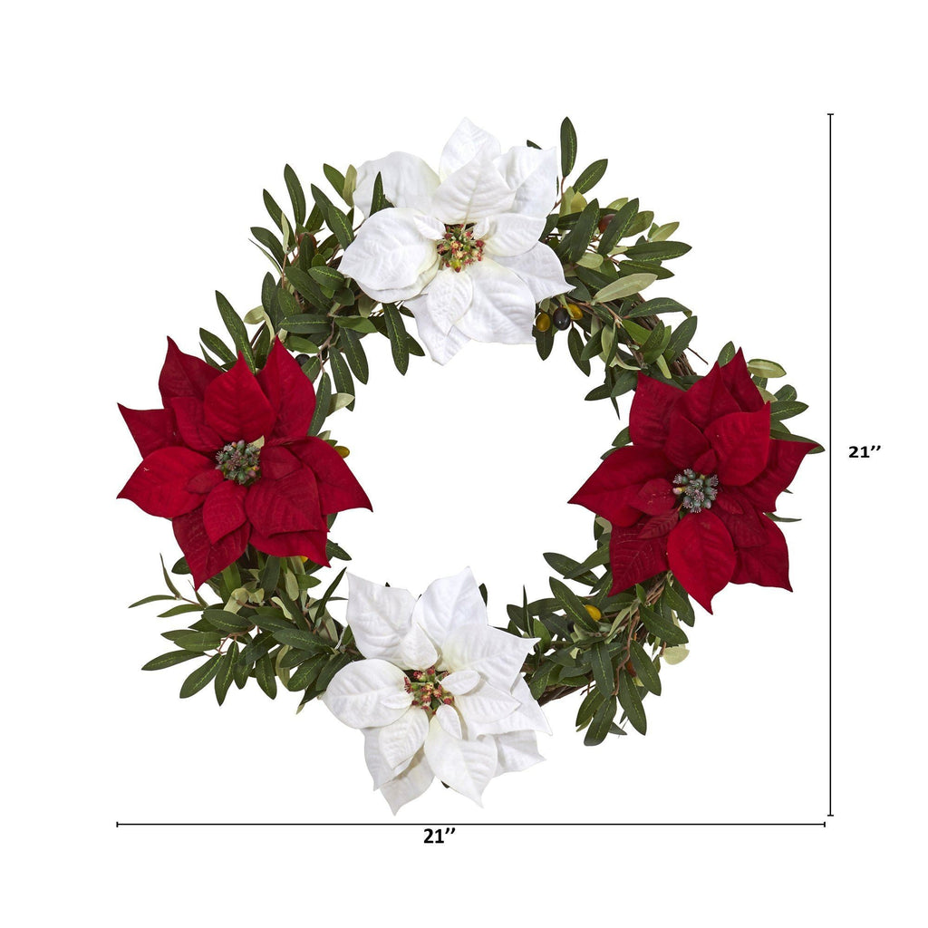 21” Olive with Poinsettia Artificial Wreath