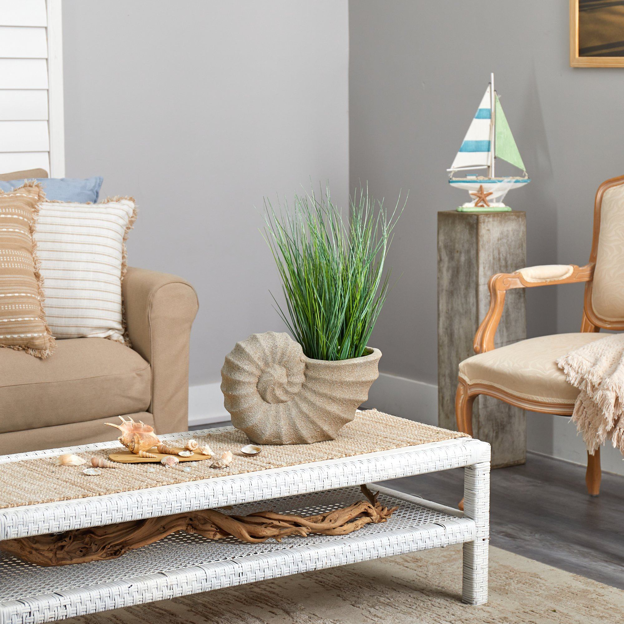 21” Onion Grass Artificial Plant in Shell Shaped Planter