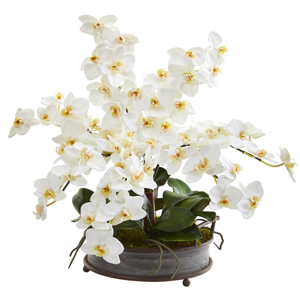 21” Phalaenopsis Orchid Artificial Arrangement in Metal Tray with Copper Trimming