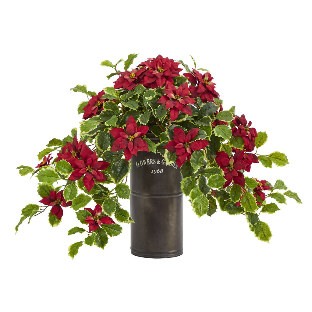 21” Poinsettia and Variegated Holly Artificial Plant in Decorative Planter (Real Touch)