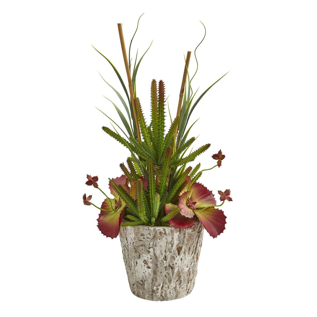 21” Succulent and Grass Artificial Plant in Weathered Oak Planter