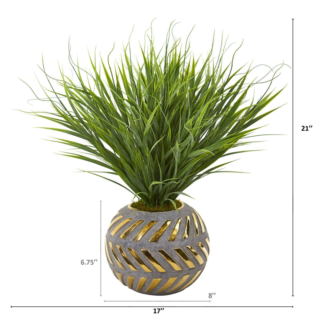 21” Vanilla Grass Artificial Plant in Stoneware Planter with Gold Trimming