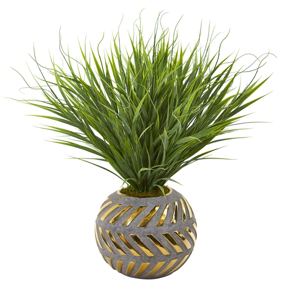 21” Vanilla Grass Artificial Plant in Stoneware Planter with Gold Trimming