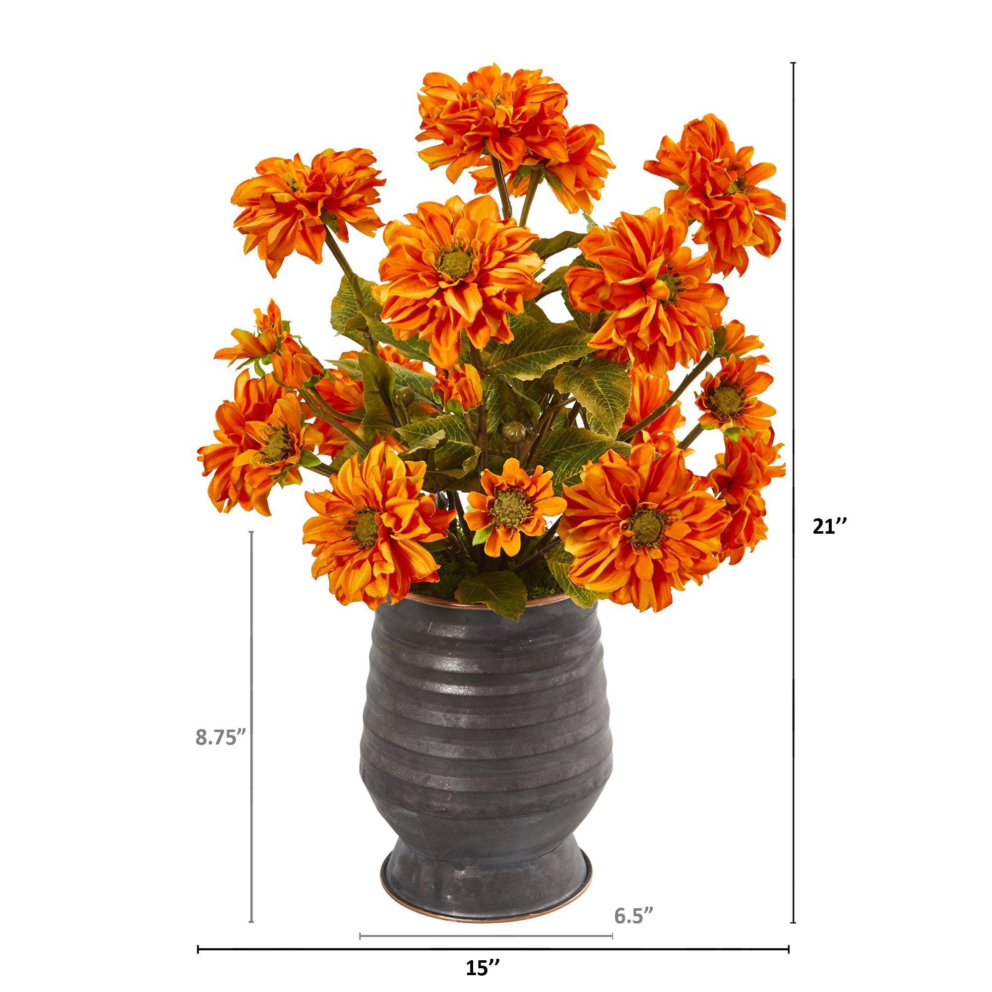 21” Zinnia Artificial Arrangement in Ribbed Metal Planter