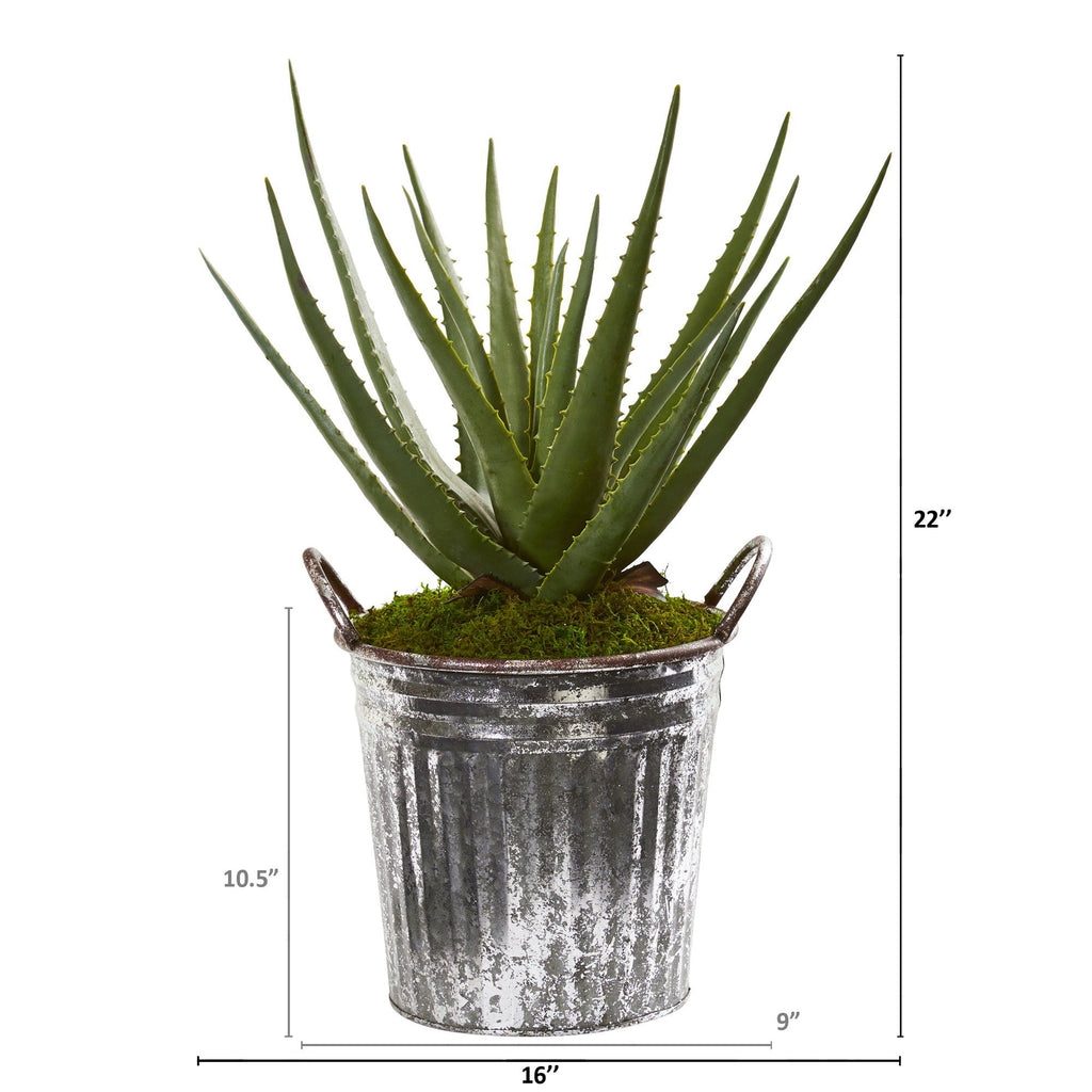 22” Aloe Artificial Plant in Vintage Metal Pail