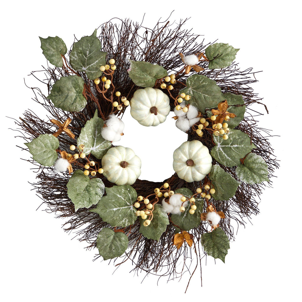 22” Autumn Green Pumpkin, Cotton and Berries Artificial Fall Wreath