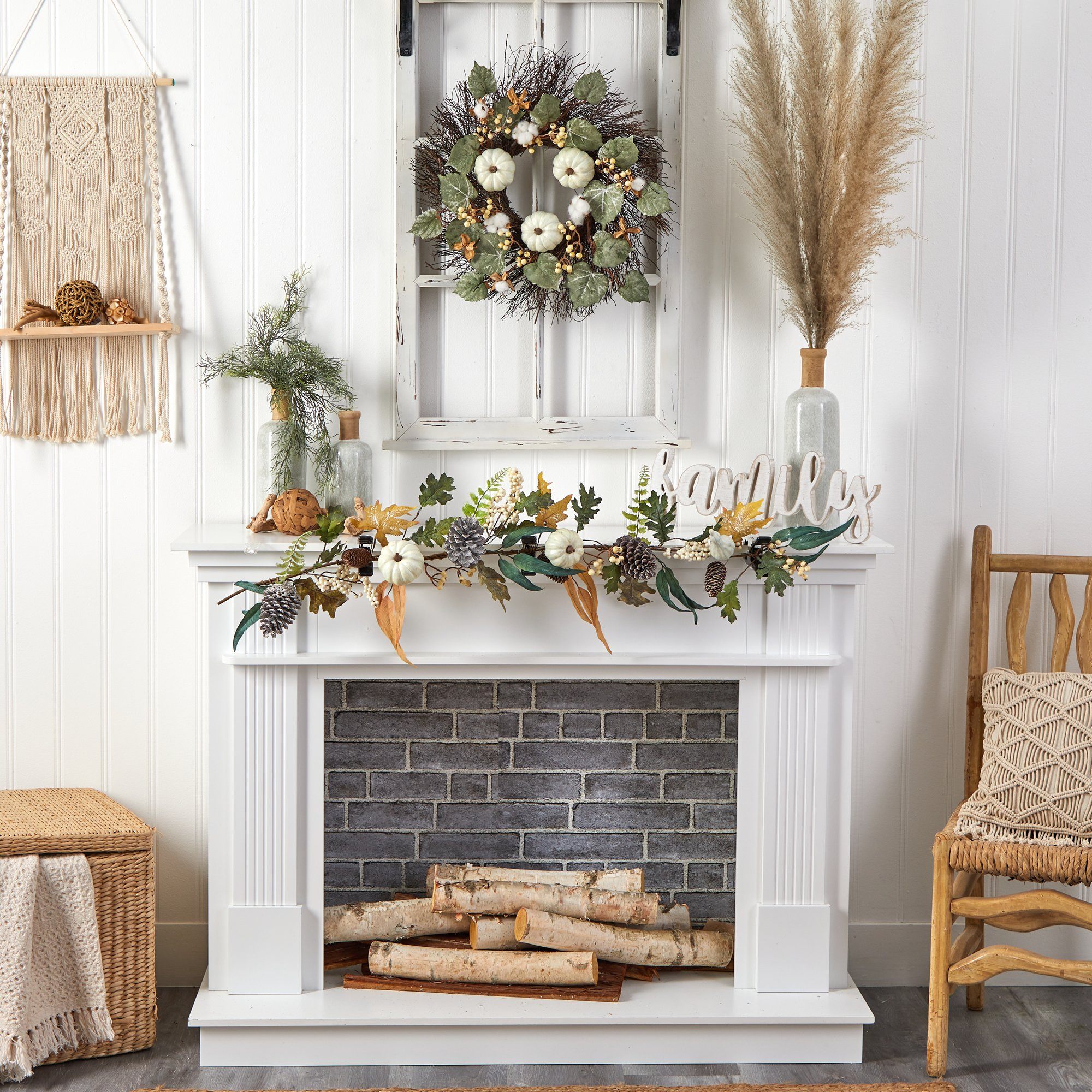 22” Autumn Green Pumpkin, Cotton and Berries Artificial Fall Wreath