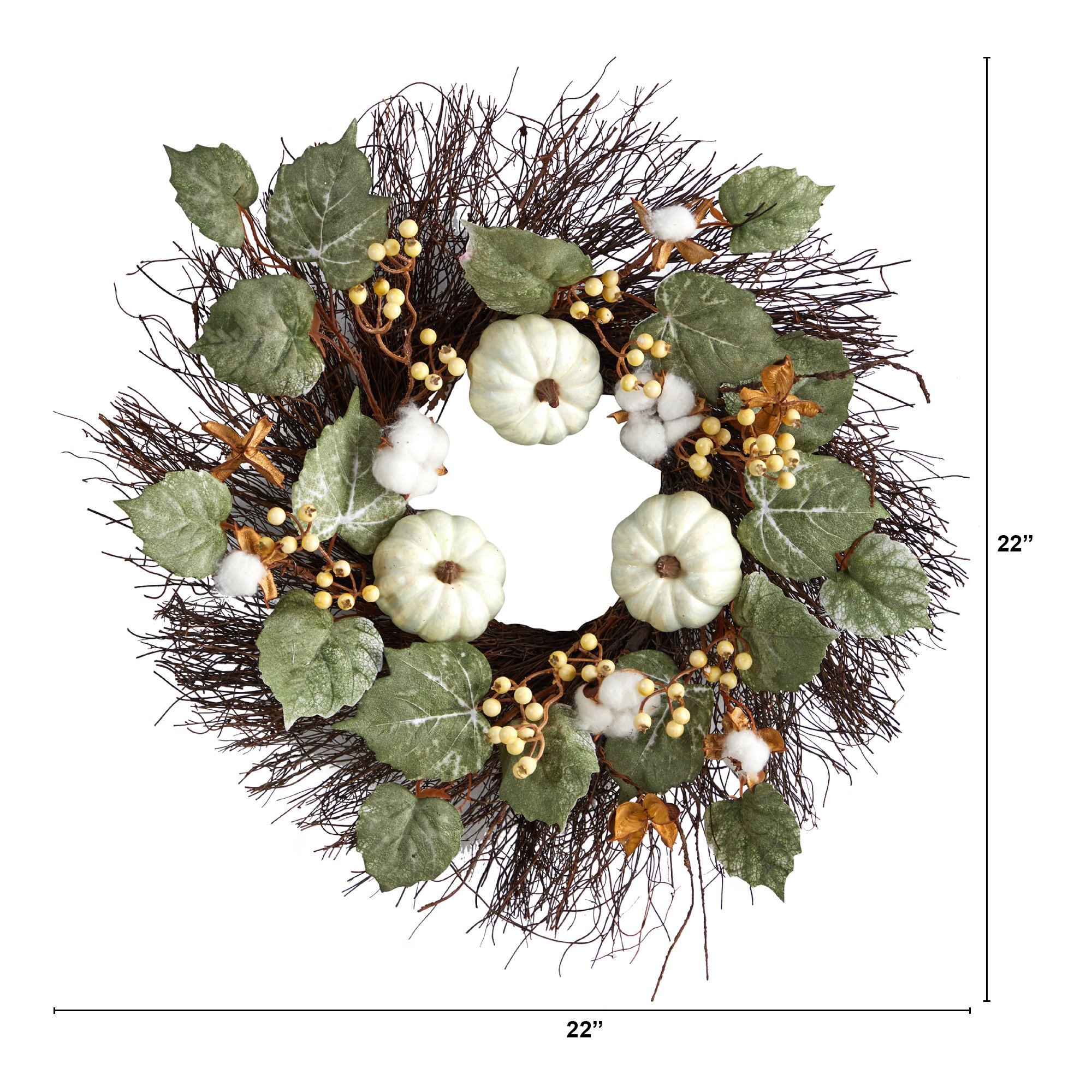 22” Autumn Green Pumpkin, Cotton and Berries Artificial Fall Wreath