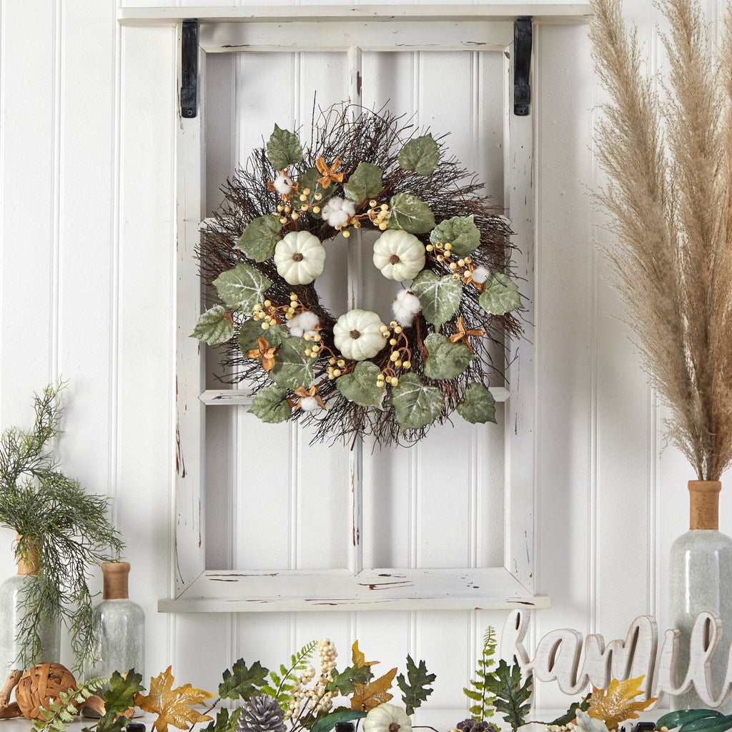 22” Autumn Green Pumpkin, Cotton and Berries Artificial Fall Wreath