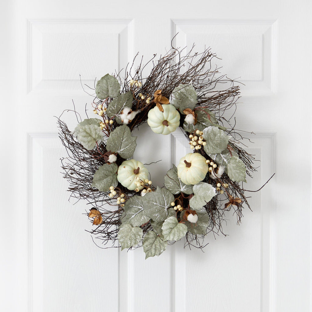 22” Autumn Green Pumpkin, Cotton and Berries Artificial Fall Wreath