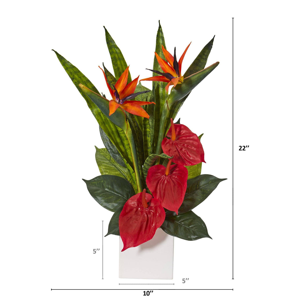 22” Bird of Paradise, Anthurium and Sansevieria Artificial Plant in White Planter