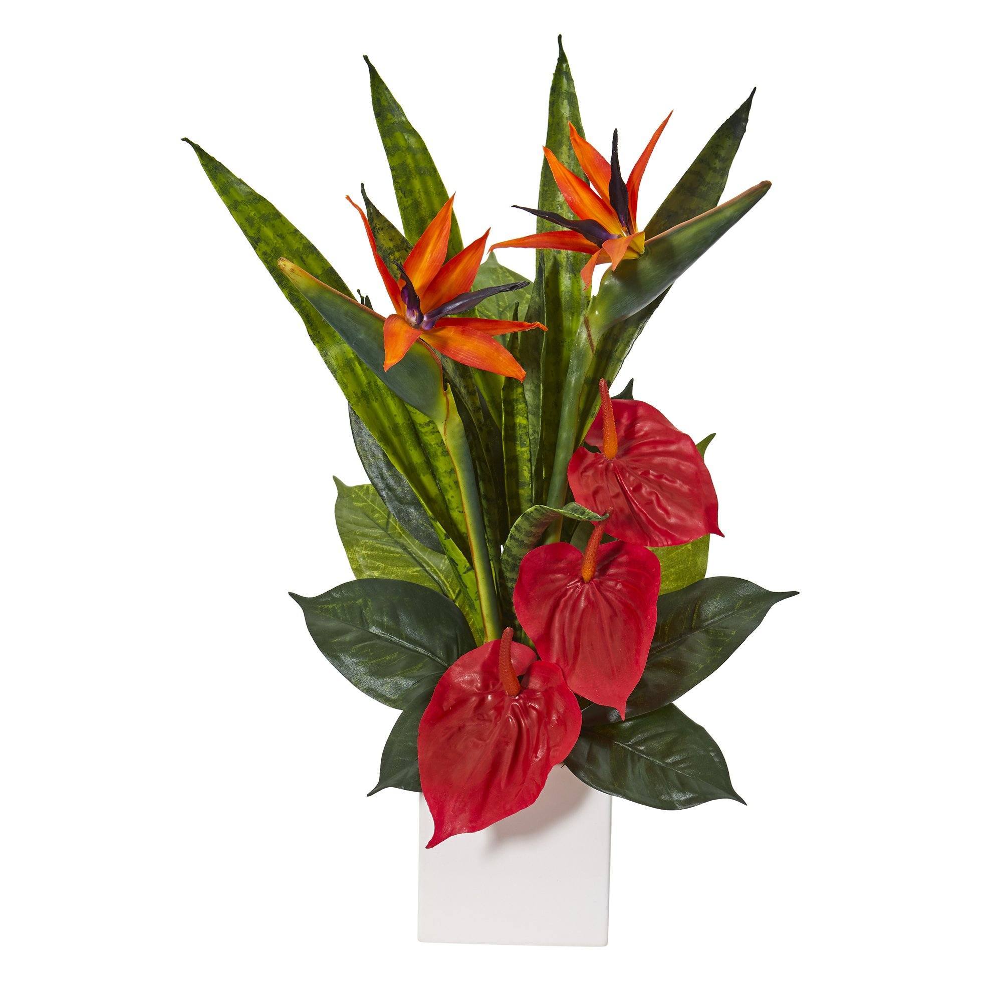 22” Bird of Paradise, Anthurium and Sansevieria Artificial Plant in White Planter