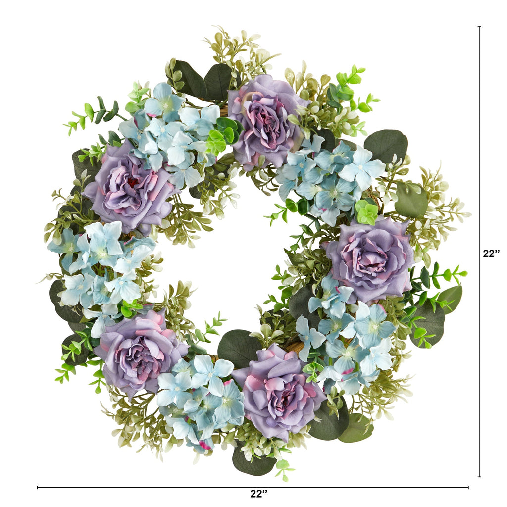 22” Blue Hydrangea and Purple Rose Artificial Wreath