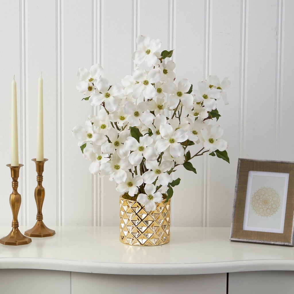 22” Dogwood Artificial Arrangement in Gold Vase