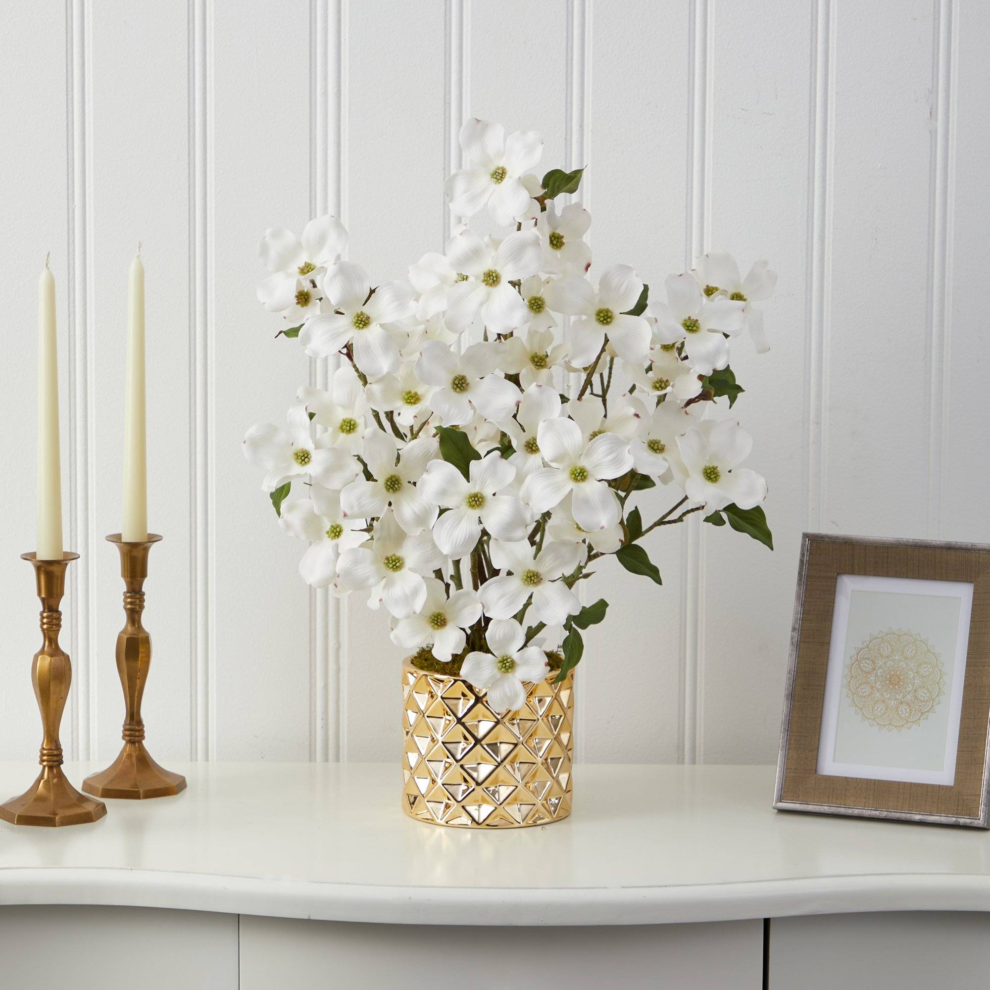 22” Dogwood Artificial Arrangement in Gold Vase
