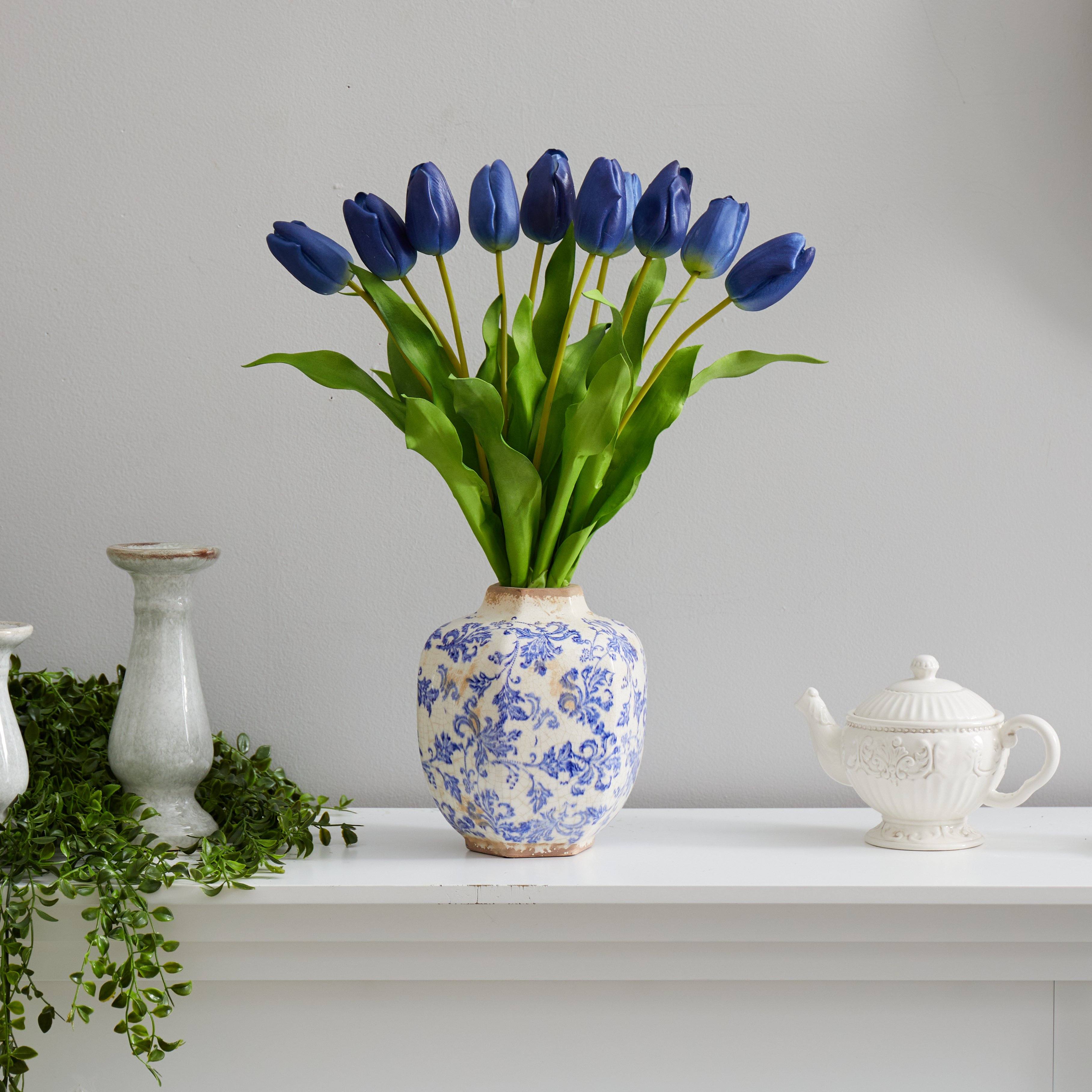 22” Dutch Tulip Artificial Arrangement in Blue and White Print Planter