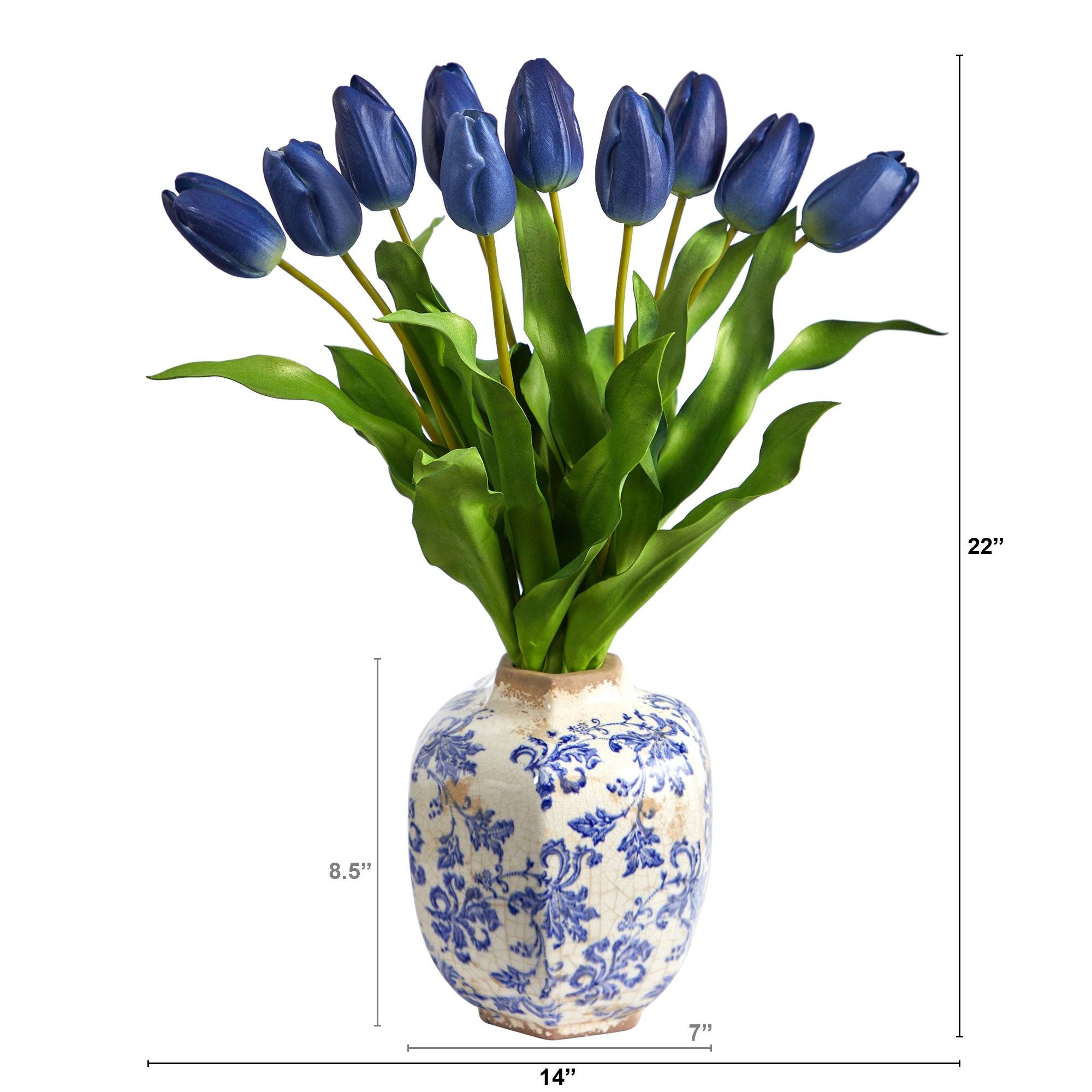 22” Dutch Tulip Artificial Arrangement in Blue and White Print Planter