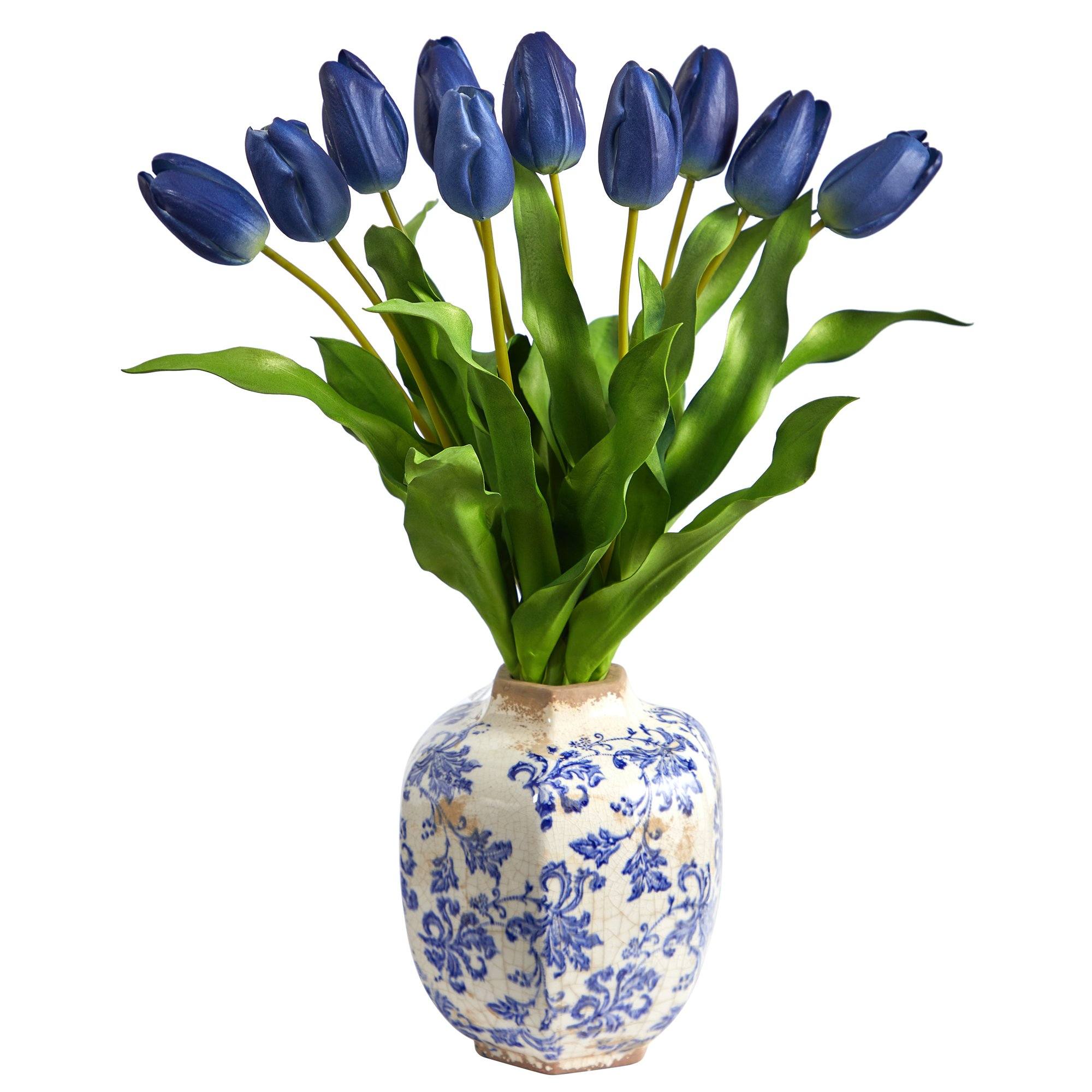 22” Dutch Tulip Artificial Arrangement in Blue and White Print Planter