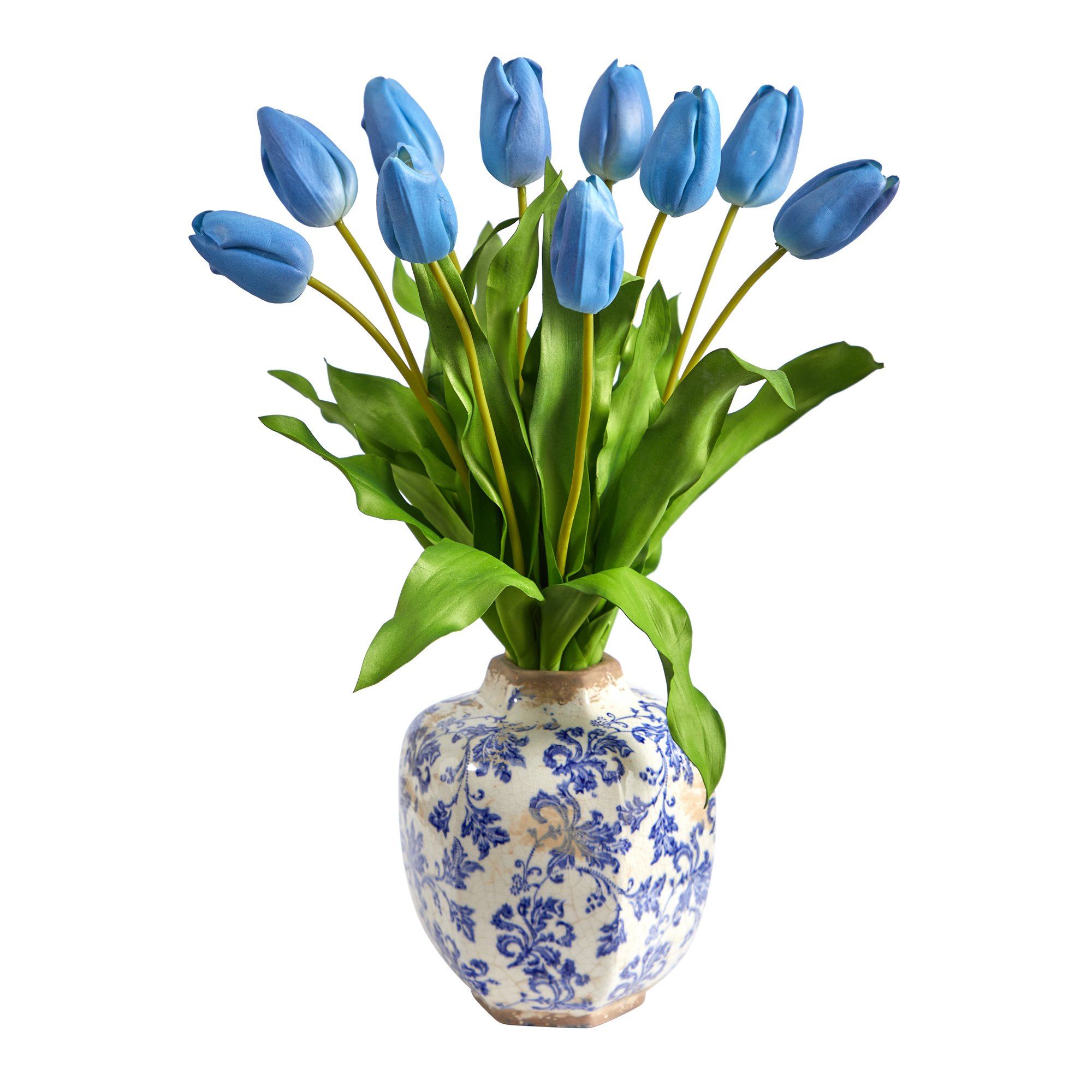 22” Dutch Tulip Artificial Arrangement in Blue and White Print Planter