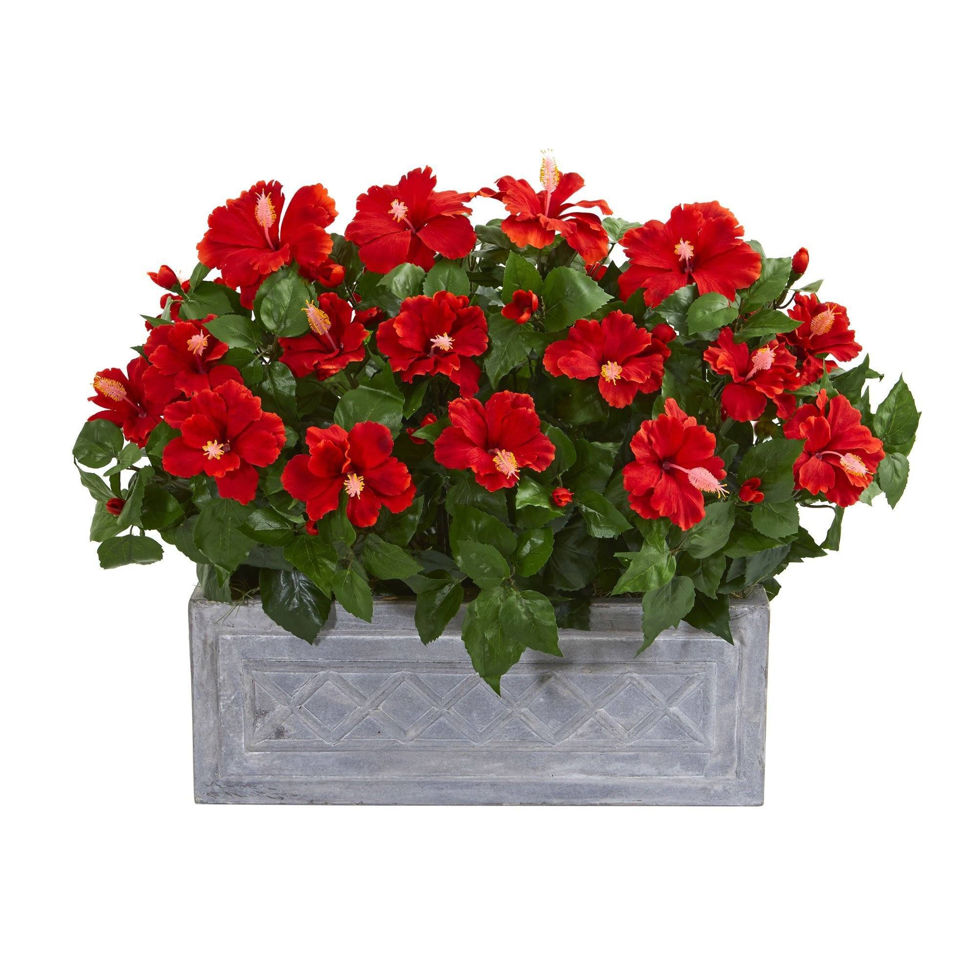 22" Hibiscus Artificial Plant in Stone Planter"