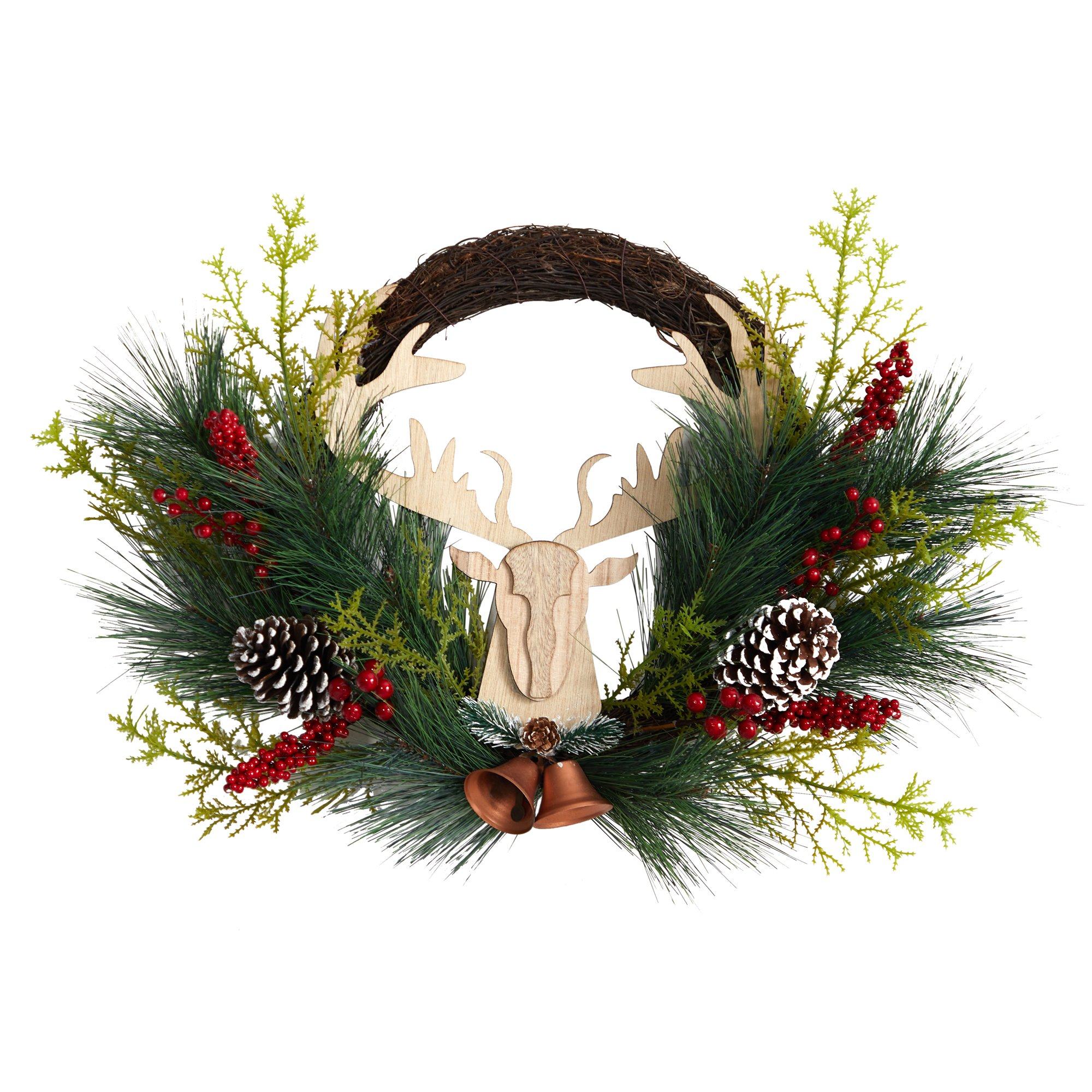 22” Holiday Christmas Woodland Deer, Pine Cones and Berries Wreath