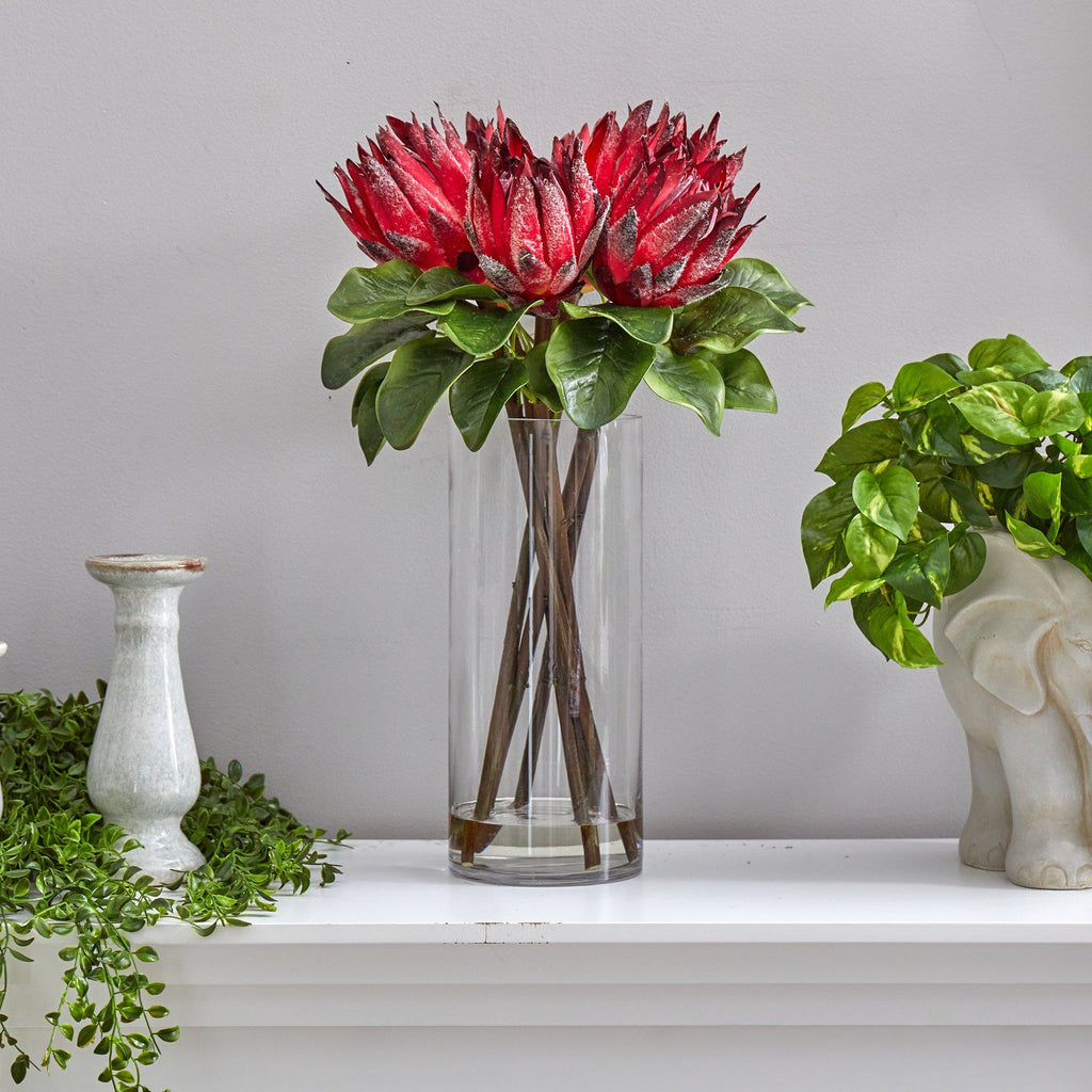 22” King Protea Artificial Arrangement in Glass Vase