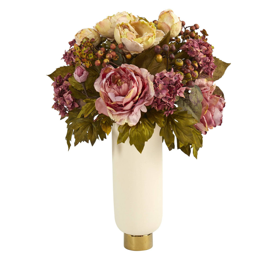 22” Peony Artificial Arrangement in Cream Vase with Gold Base
