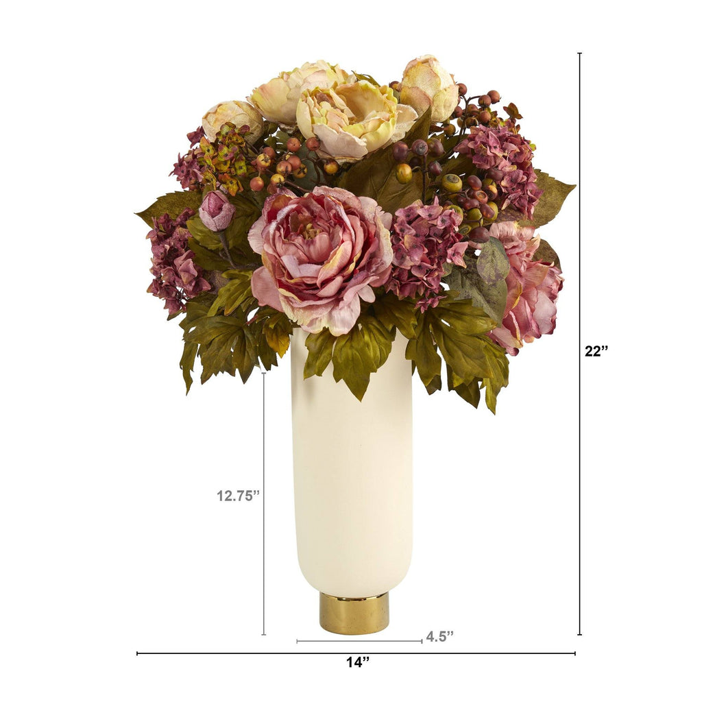22” Peony Artificial Arrangement in Cream Vase with Gold Base