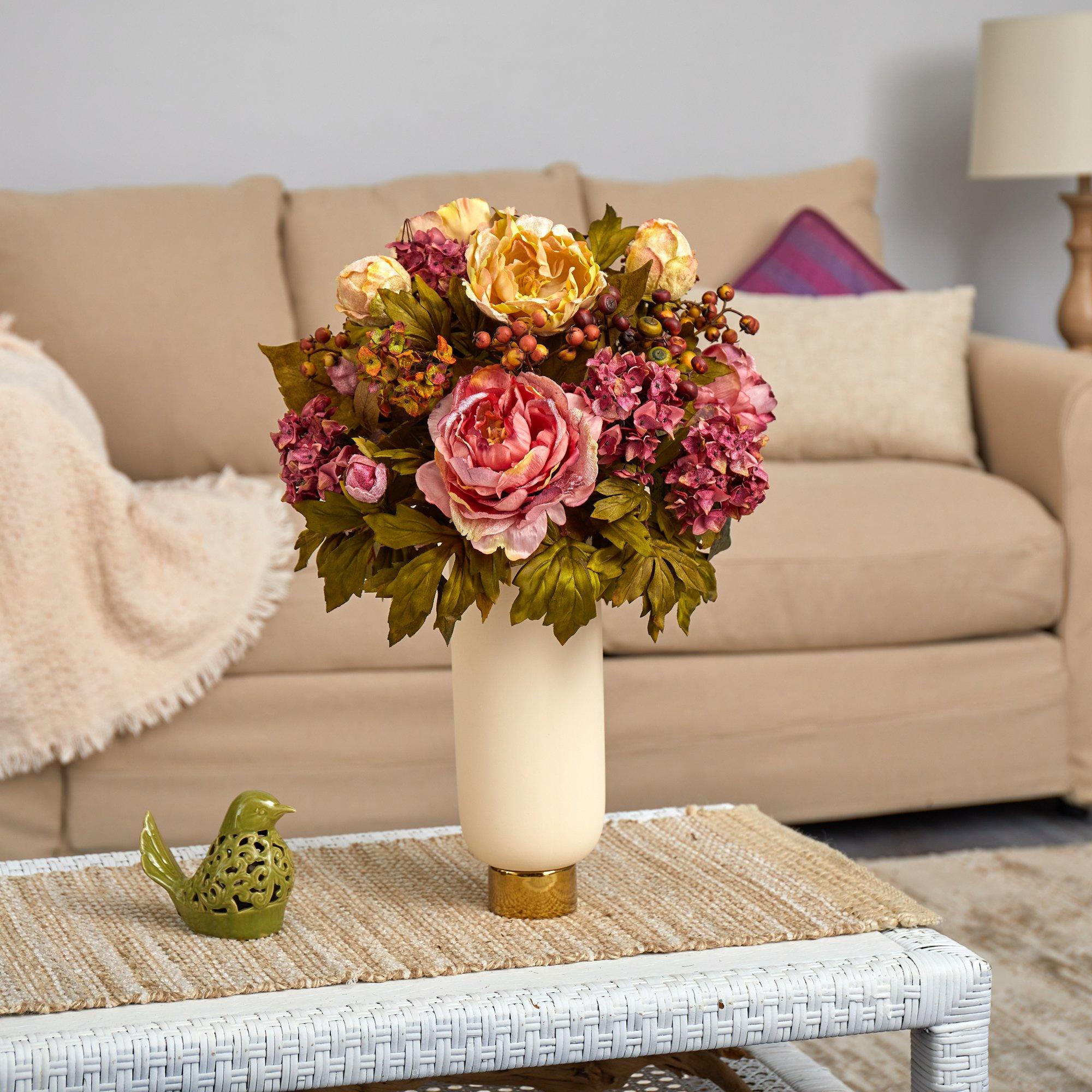 22” Peony Artificial Arrangement in Cream Vase with Gold Base