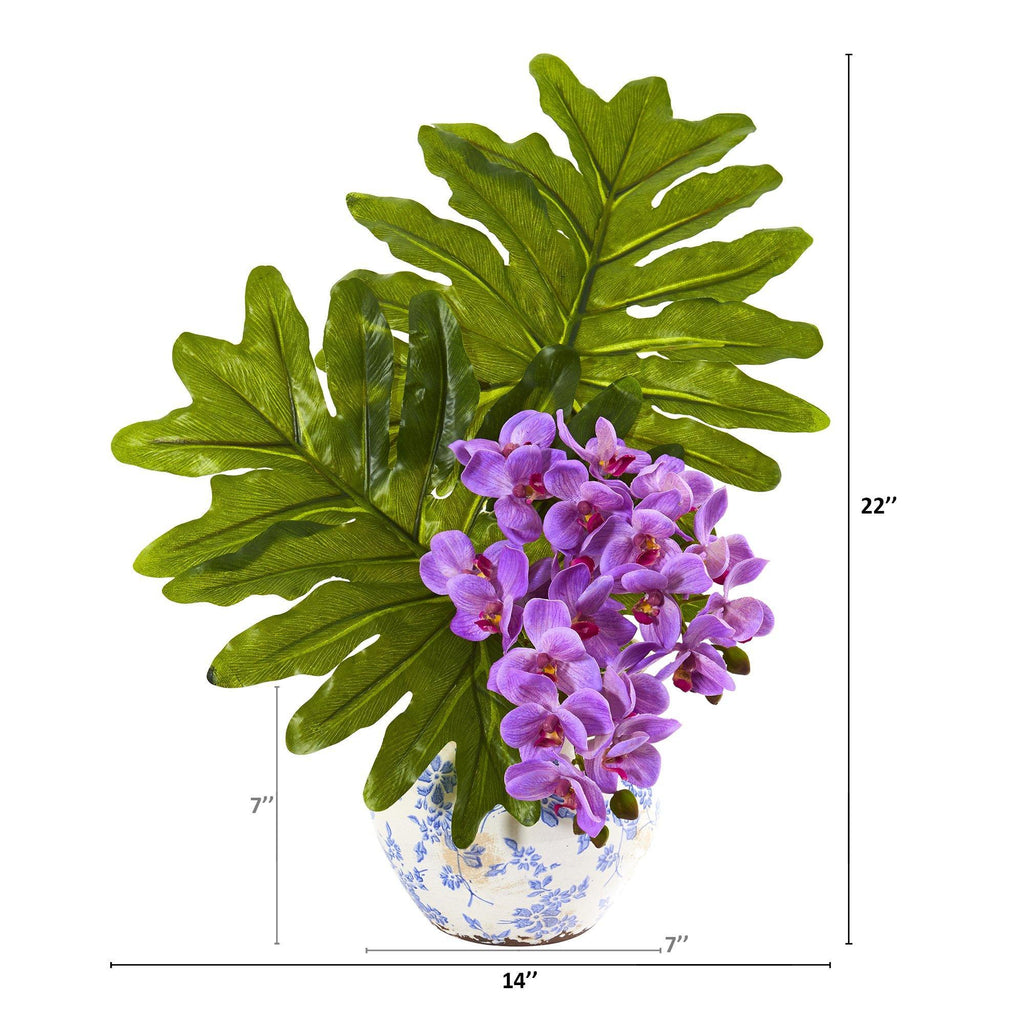 22” Phalaenopsis Orchid and Philo Leaf Arrangement in Vase