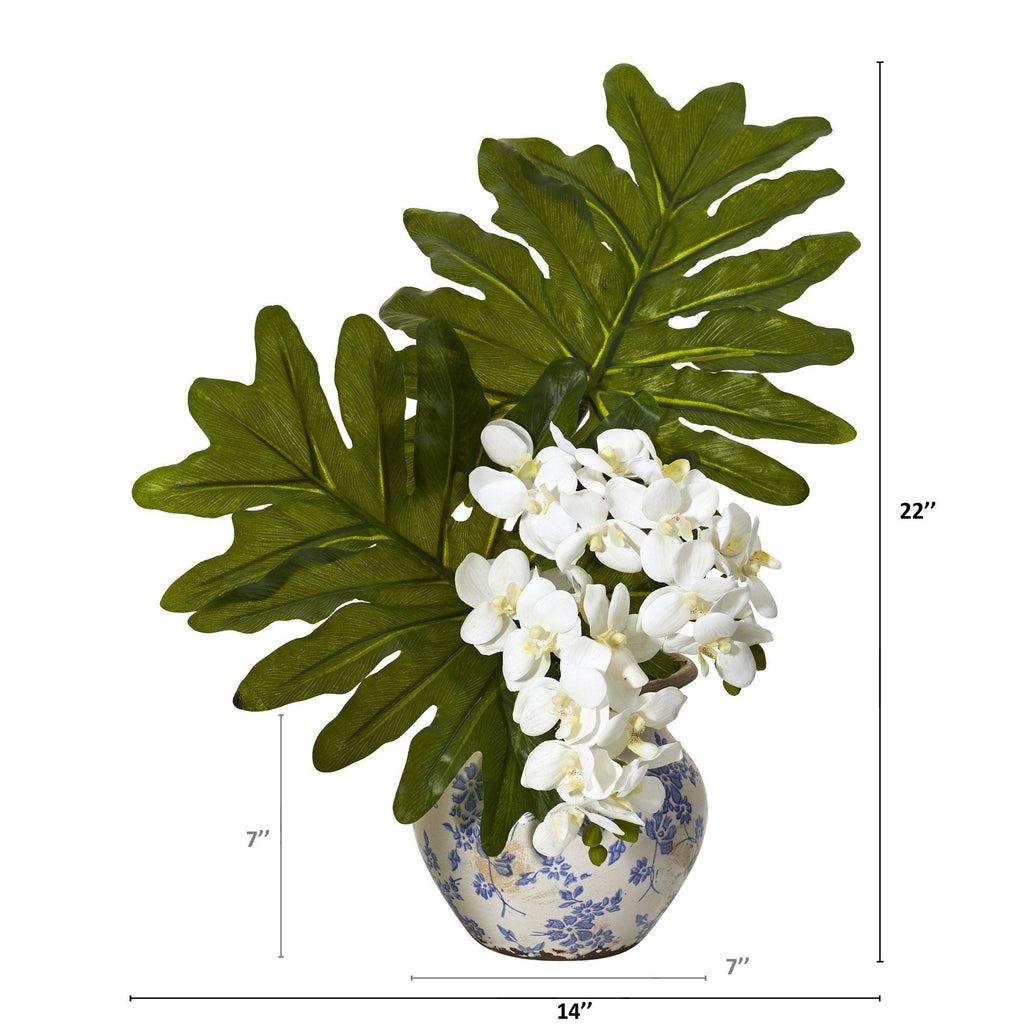 22” Phalaenopsis Orchid and Philo Leaf Arrangement in Vase